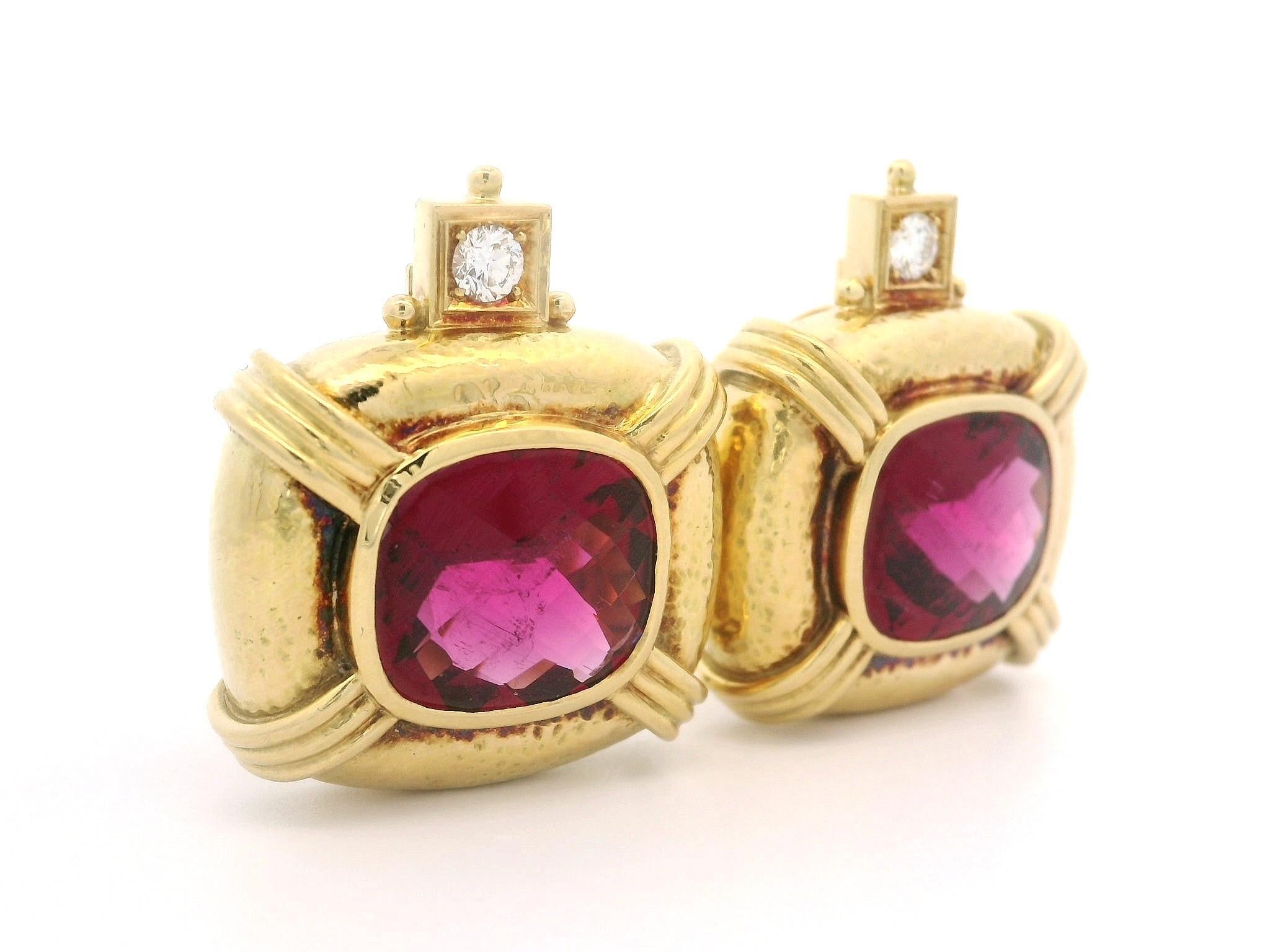 Elizabeth Gage 18k Gold GIA Rubellite Tourmaline Diamond Hammered Clip Earring For Sale 4