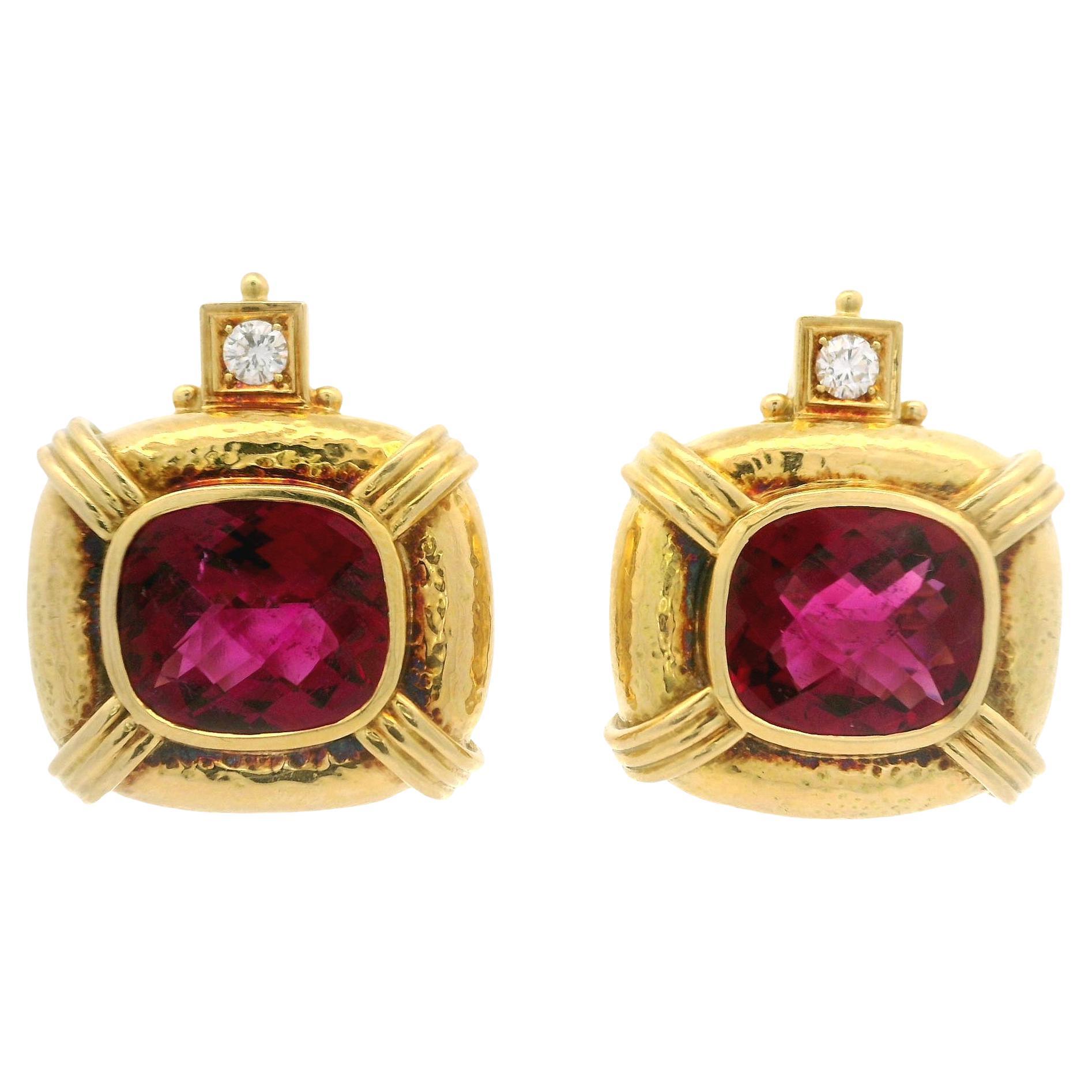 Elizabeth Gage 18k Gold GIA Rubellite Tourmaline Diamond Hammered Clip Earring