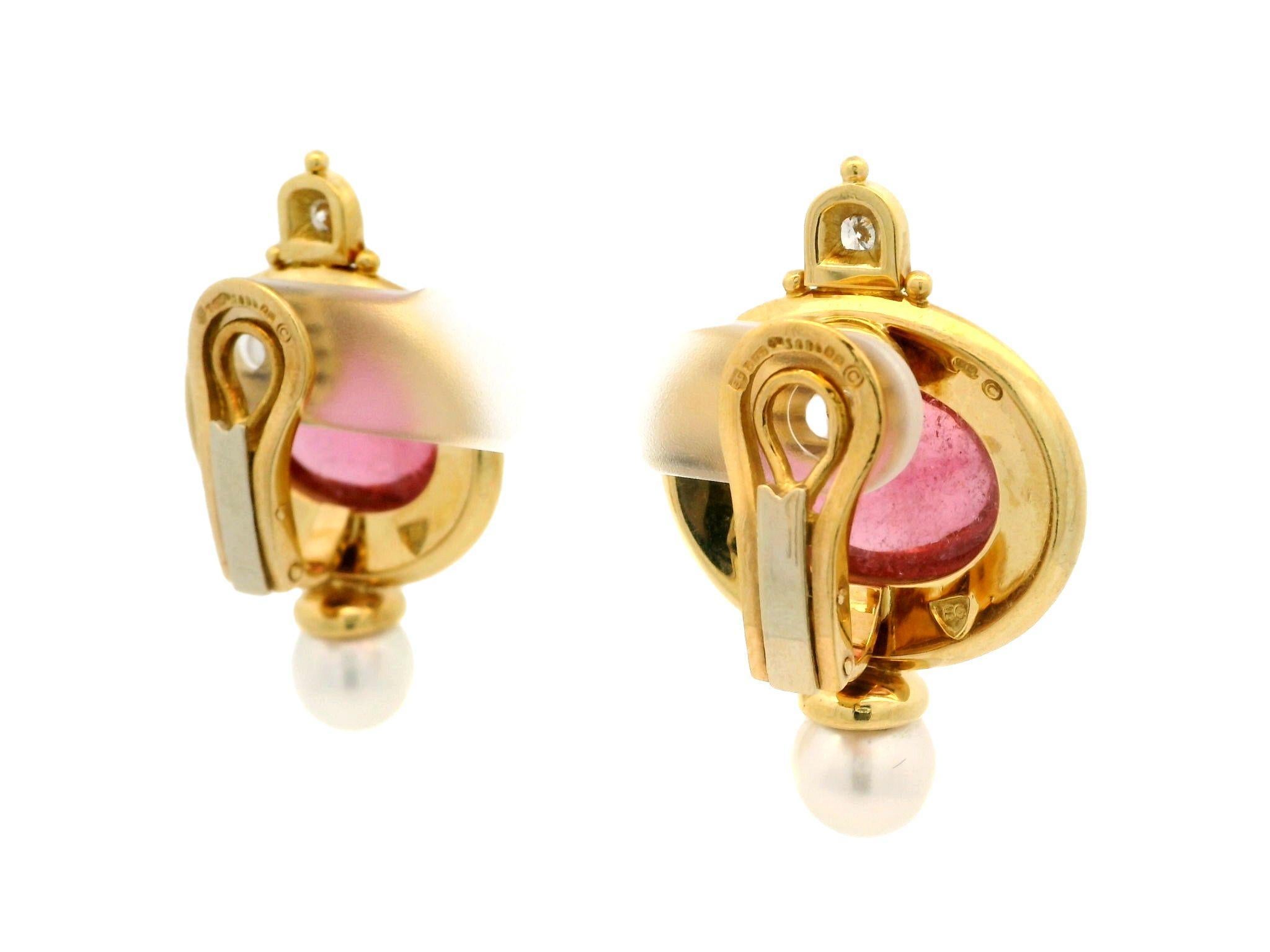 --Stone(s):--
(2) Natural Genuine Tourmalines- Oval Cabochon Cut - Pink Color - Bezel Set - 15.8x12.5mm each (approx.)
(2) Genuine Cultured Pearls - Round Shape - White Color - 7.8mm each (approx.)
(2) Natural Genuine Diamonds - Round Brilliant Cut