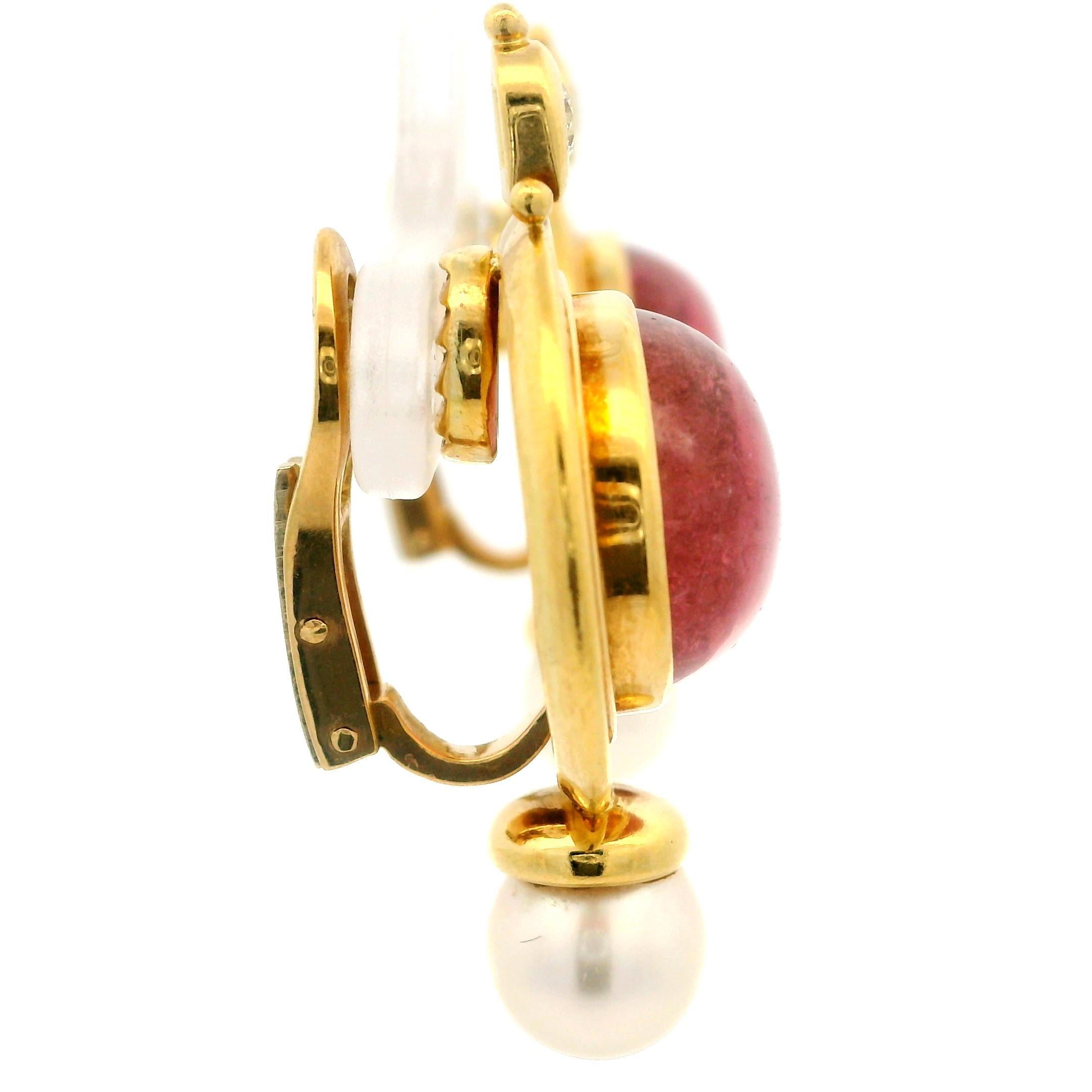 Oval Cut Elizabeth Gage 18k Gold Pink Tourmaline Pearl & Diamond Valois Clip On Earrings