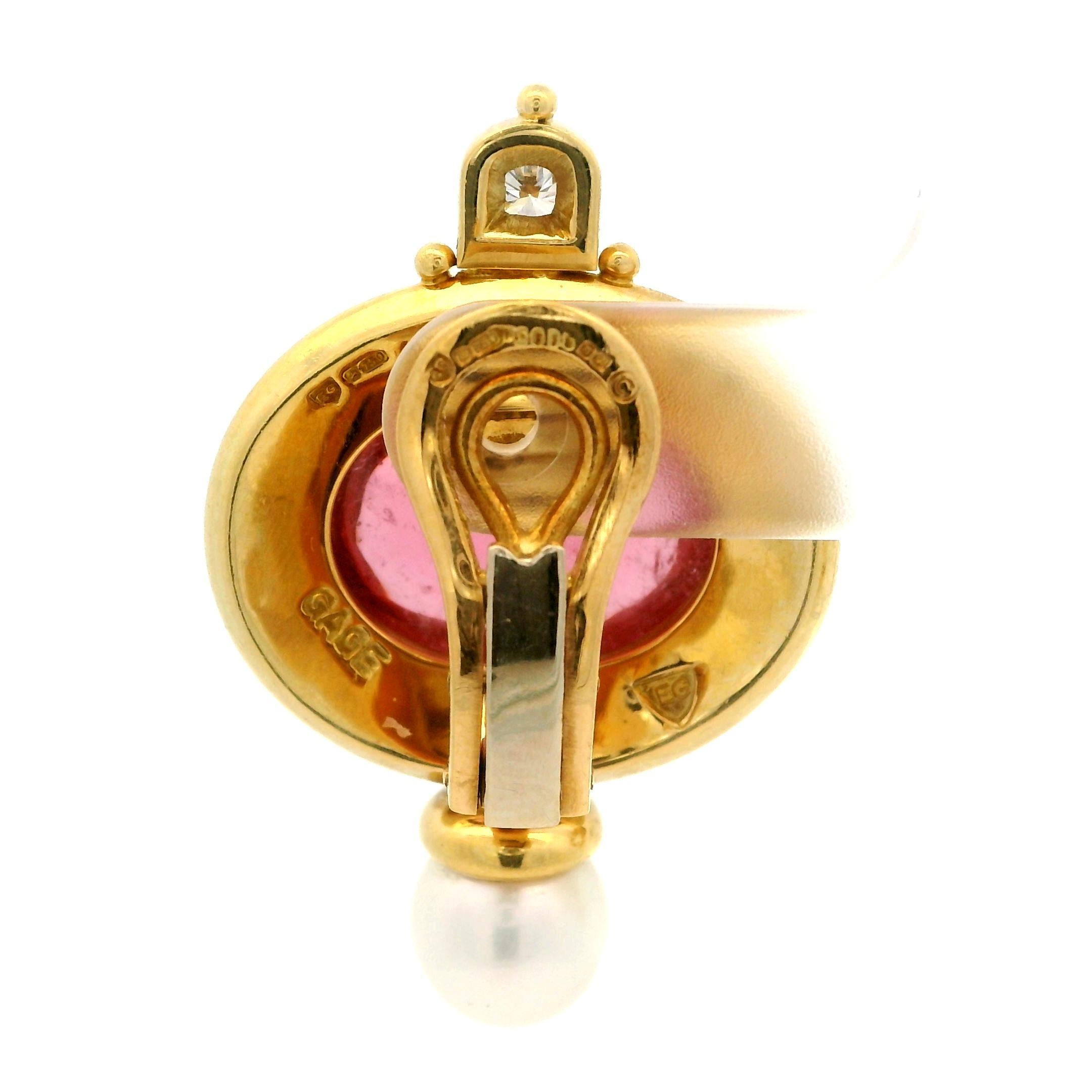 Elizabeth Gage 18k Gold Pink Tourmaline Pearl & Diamond Valois Clip On Earrings In Excellent Condition In Montclair, NJ