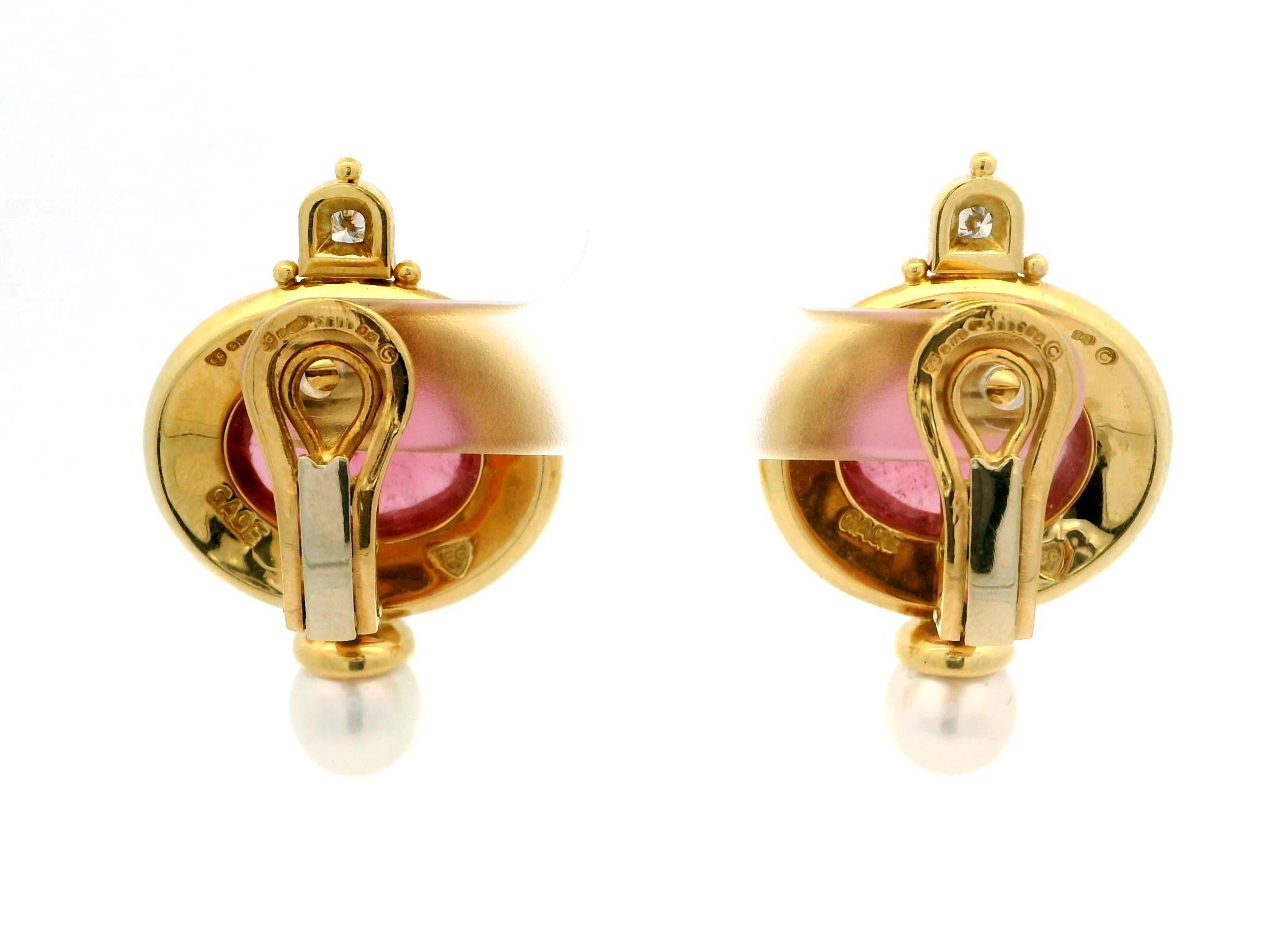 Women's Elizabeth Gage 18k Gold Pink Tourmaline Pearl & Diamond Valois Clip On Earrings