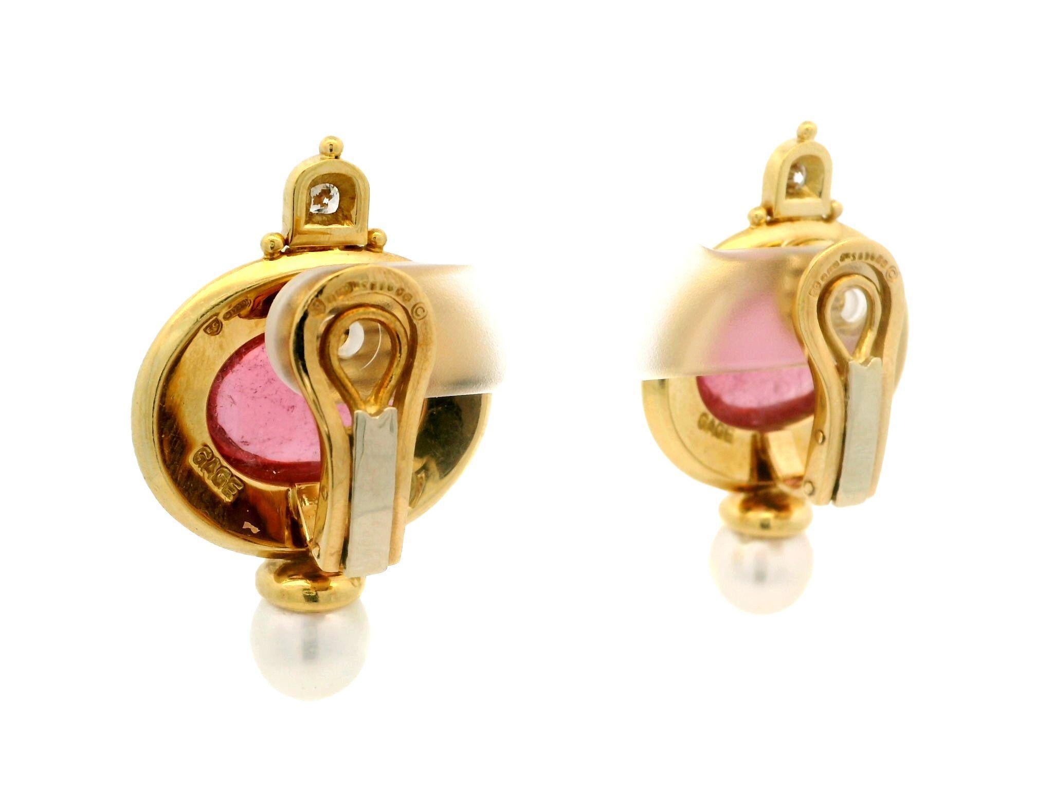 Elizabeth Gage 18k Gold Pink Tourmaline Pearl & Diamond Valois Clip On Earrings 1