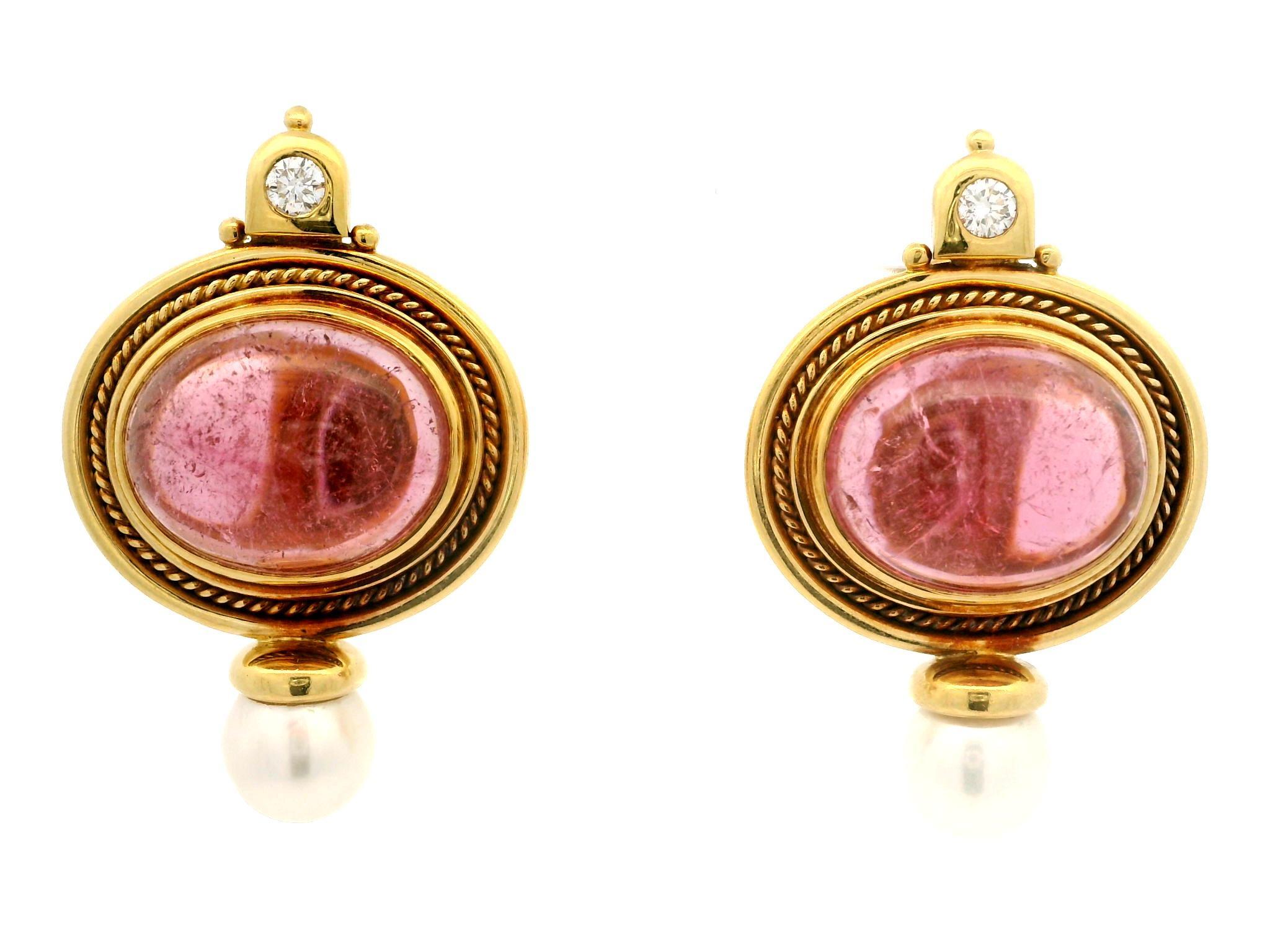 Elizabeth Gage 18k Gold Pink Tourmaline Pearl & Diamond Valois Clip On Earrings 2