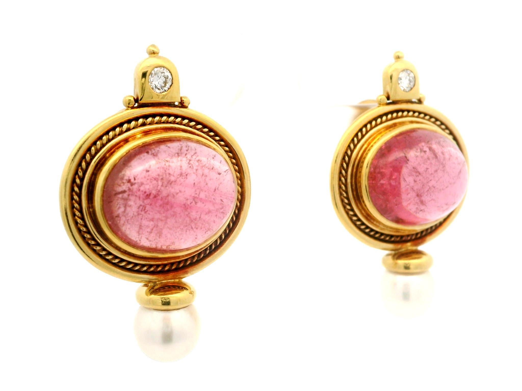 Elizabeth Gage 18k Gold Pink Tourmaline Pearl & Diamond Valois Clip On Earrings 3