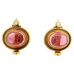 Elizabeth Gage 18k Gold Pink Tourmaline Pearl & Diamond Valois Clip On Earrings