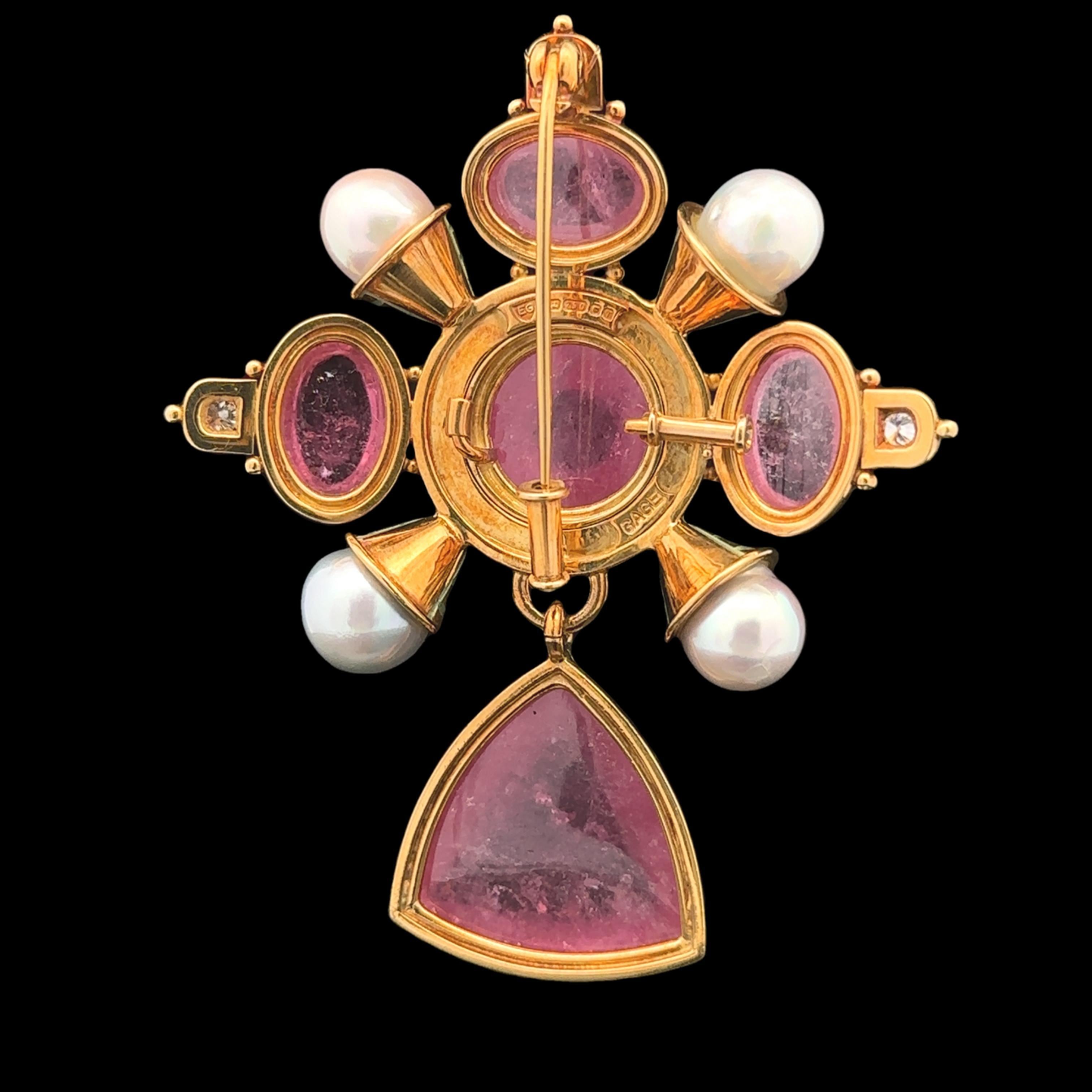 Elizabeth Gage 18k Gold Tourmaline & Ancient Coin Pearl Diamond Dangle Brooch For Sale 8