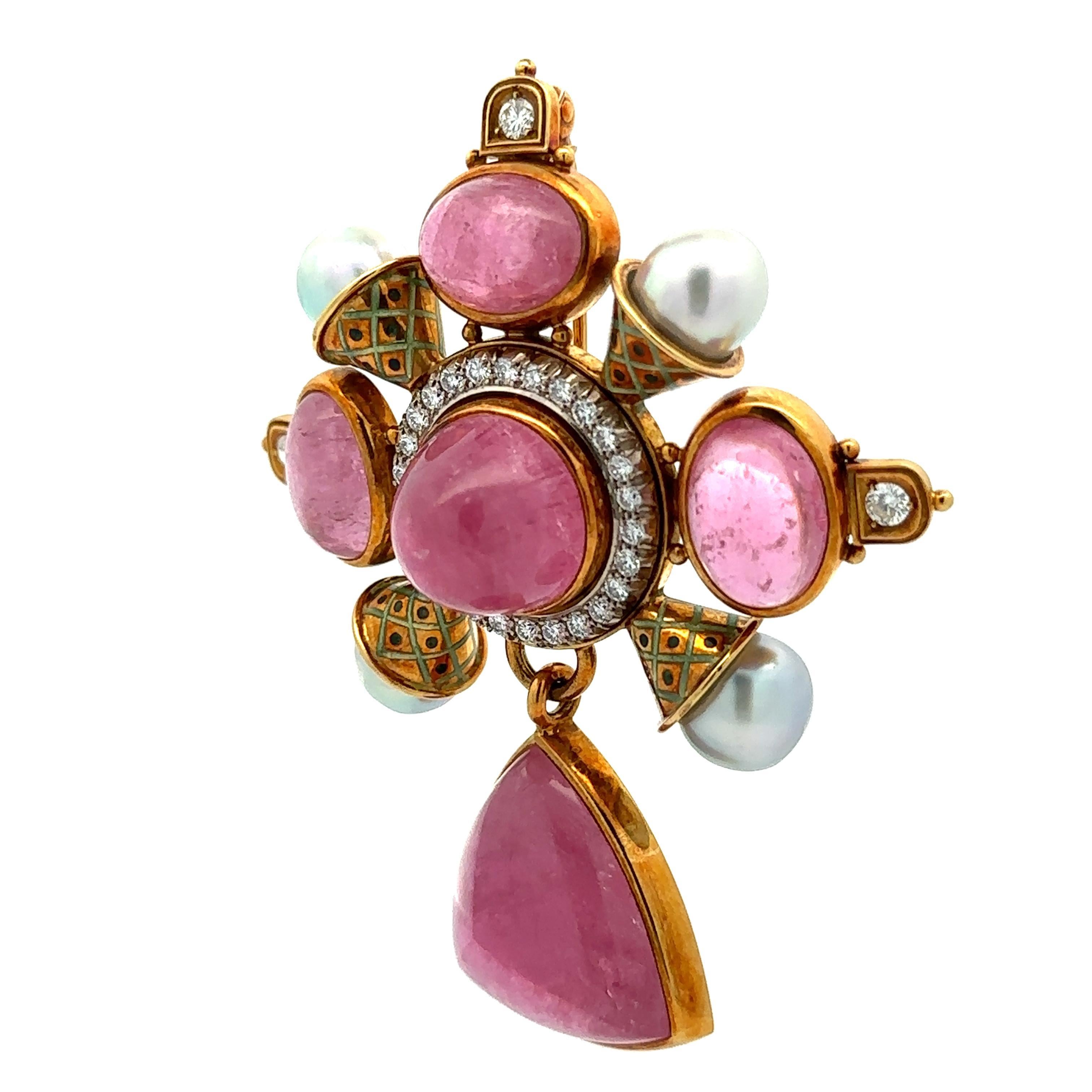 Elizabeth Gage 18k Gold Tourmaline & Ancient Coin Pearl Diamond Dangle Brooch For Sale 10