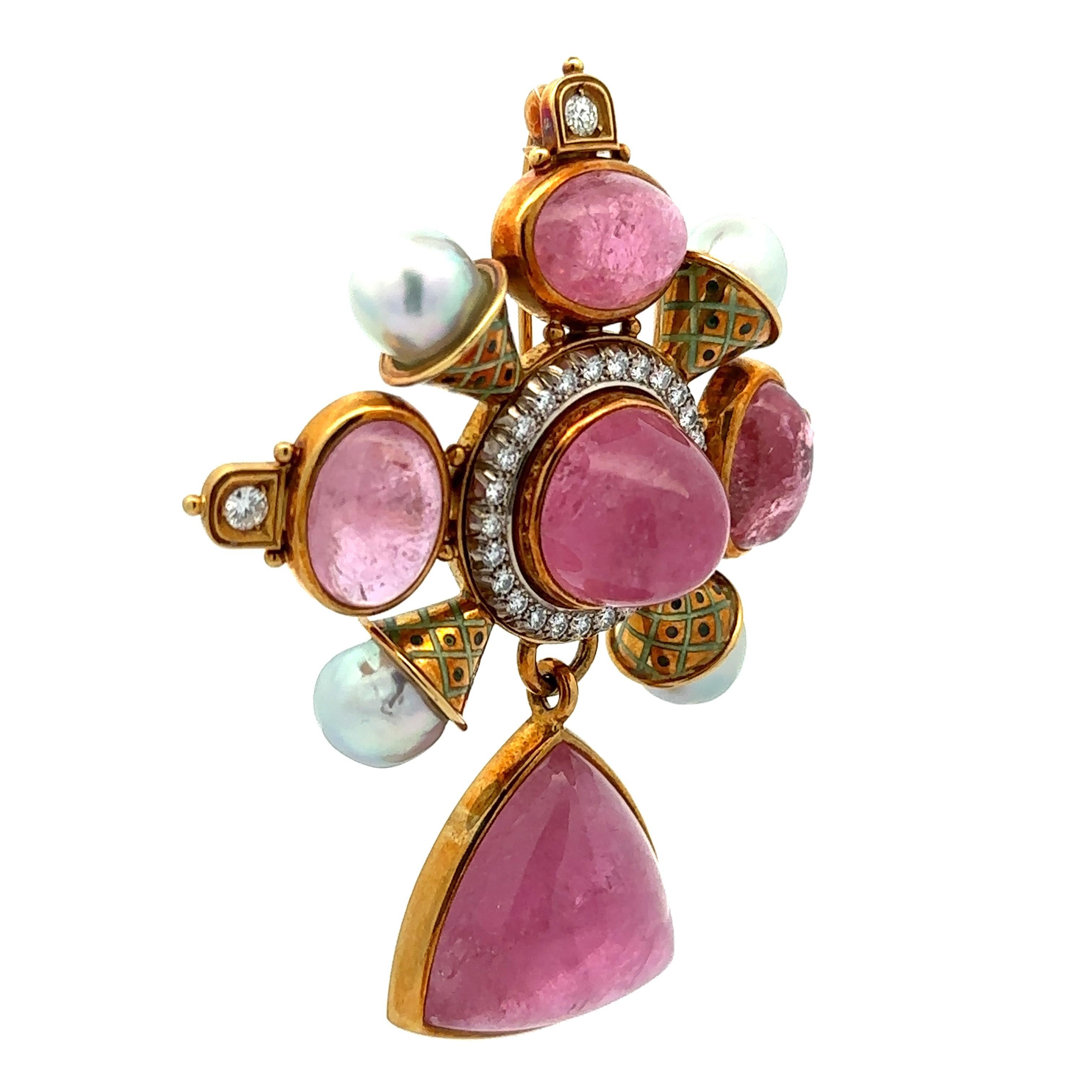 Elizabeth Gage 18k Gold Tourmaline & Ancient Coin Pearl Diamond Dangle Brooch For Sale 11