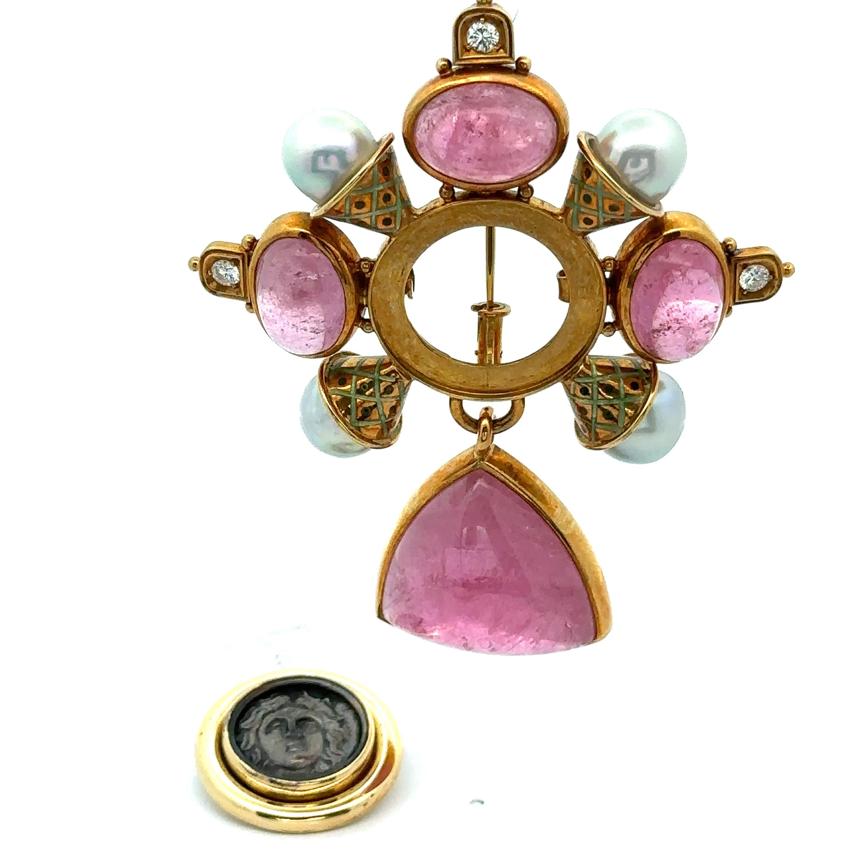 Elizabeth Gage 18k Gold Tourmaline & Ancient Coin Pearl Diamond Dangle Brooch For Sale 3