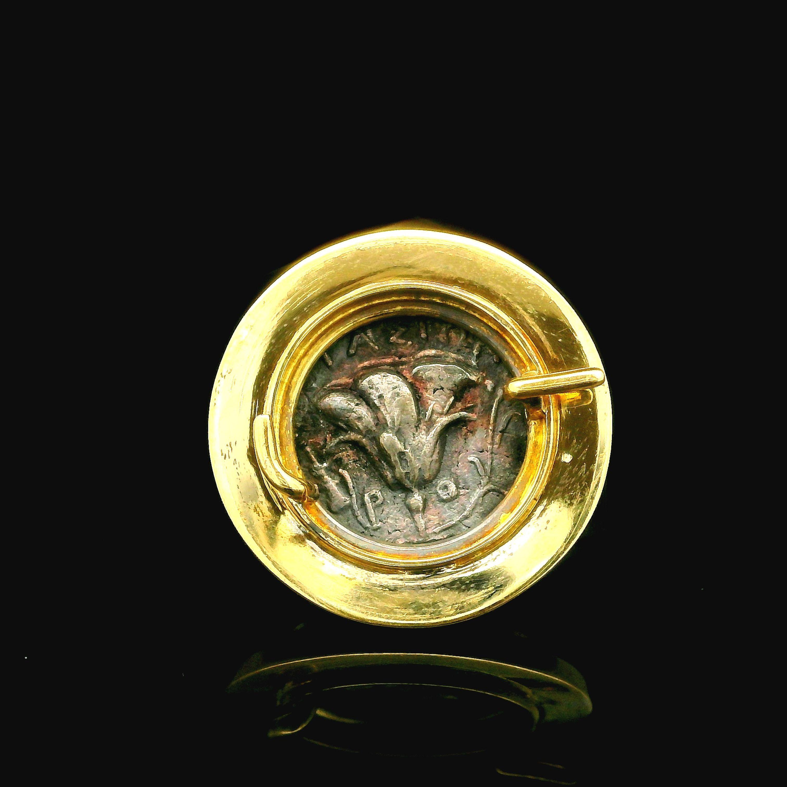 Elizabeth Gage 18k Gold Tourmaline & Ancient Coin Pearl Diamond Dangle Brooch For Sale 13
