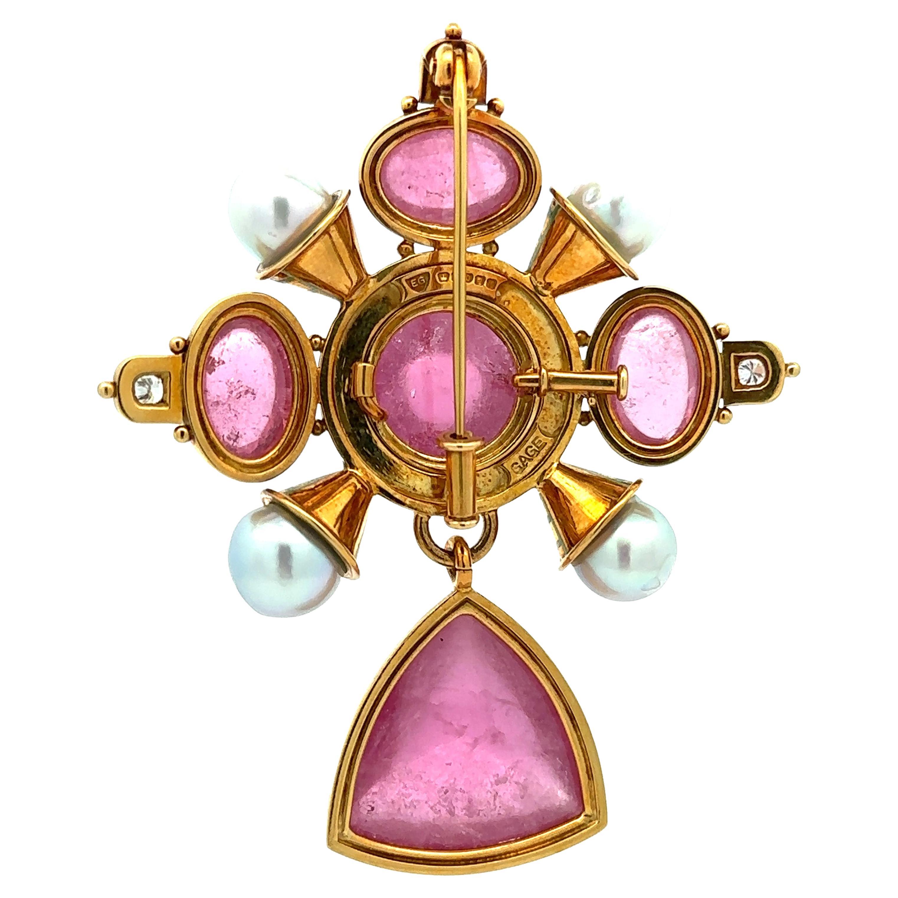Cabochon Elizabeth Gage 18k Gold Tourmaline & Ancient Coin Pearl Diamond Dangle Brooch For Sale