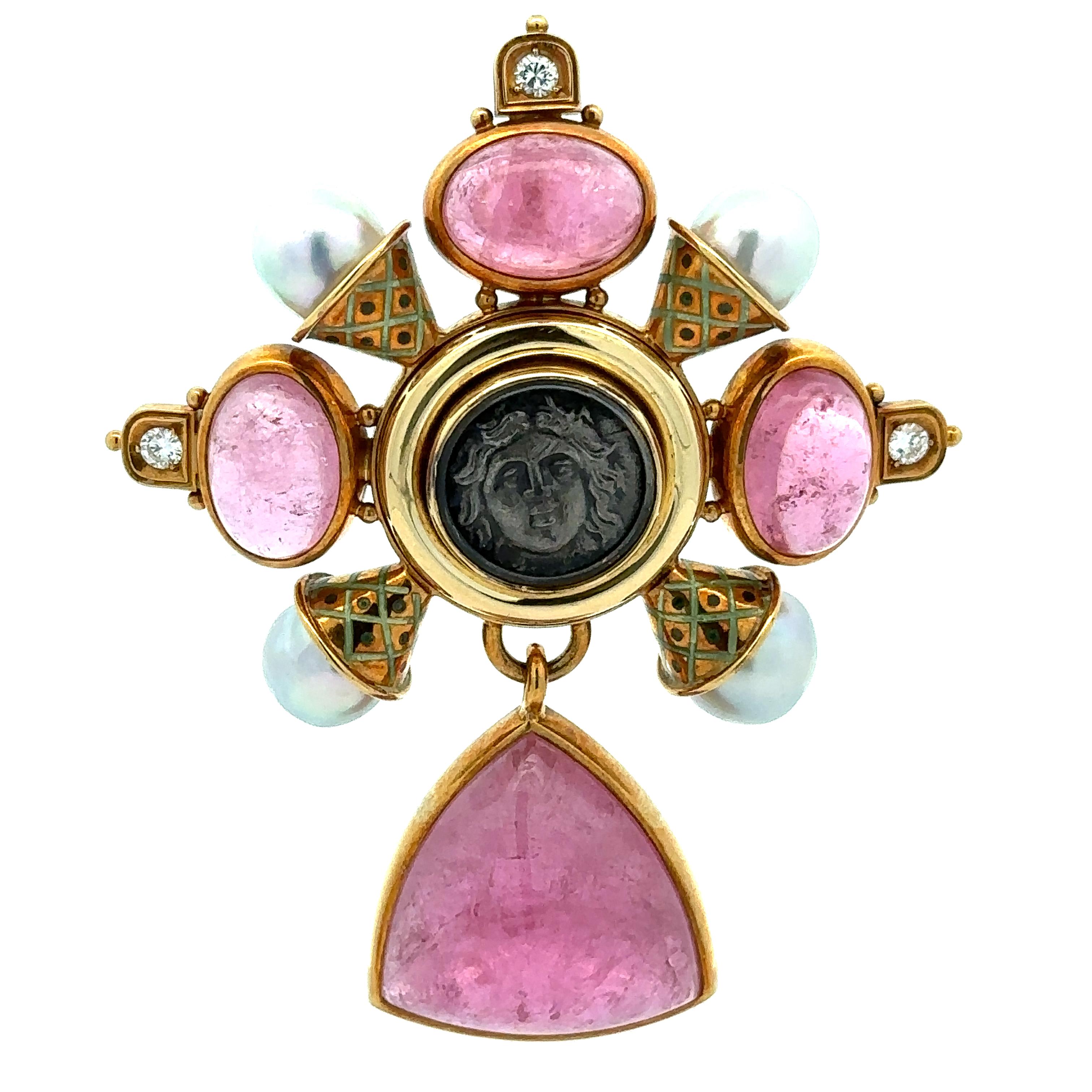 --Stone(s):--
(5) Natural Genuine Tourmalines - 1 Round, 3 Oval & 1 Triangular Cabochon Cut - Bezel Set - Pink Color - 14.4mm (round), 13.4x10mm (oval, each), 22.9x23mm (traingular) (approx.)
(4) Genuine Cultured Pearls - Round Shape - Silvery White