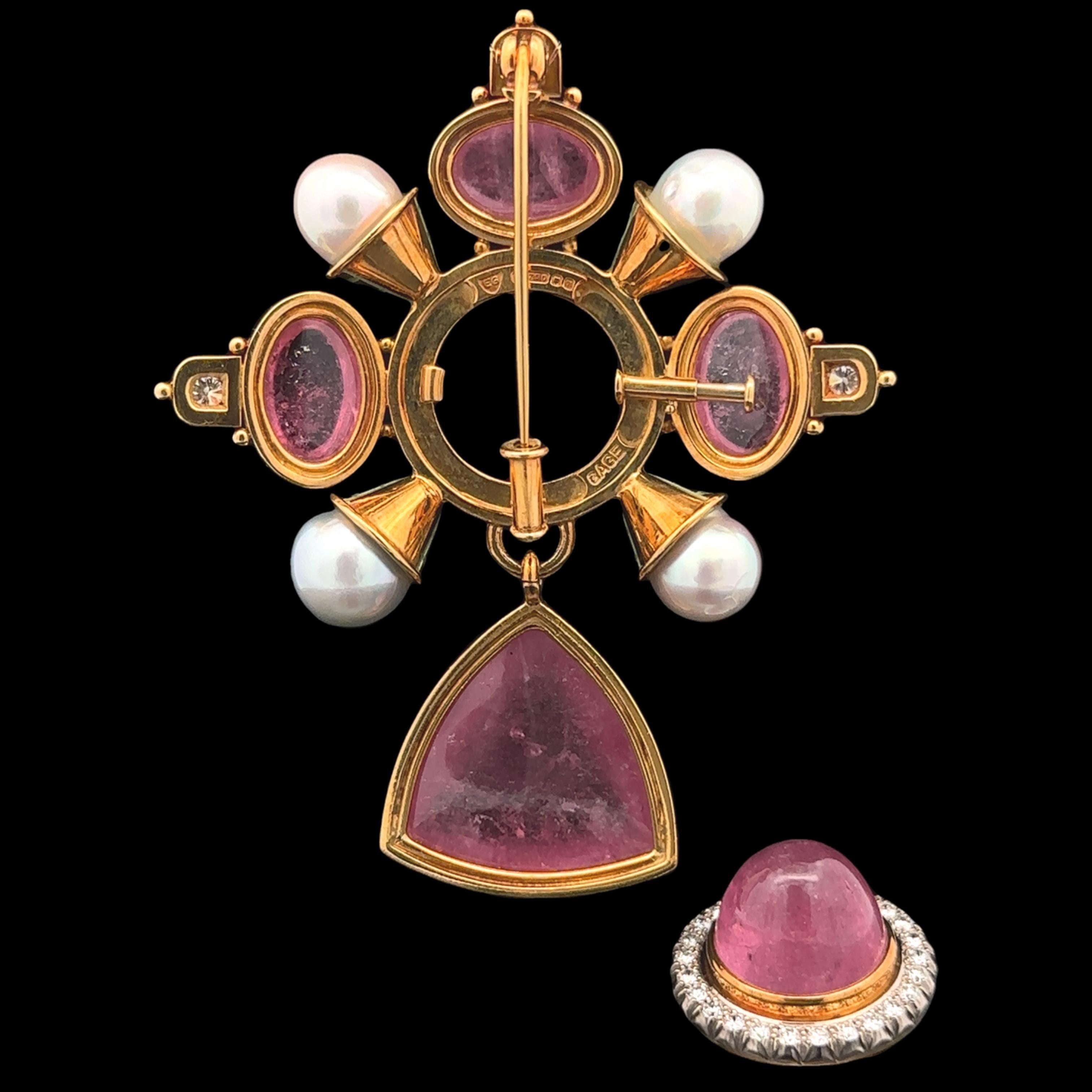 Elizabeth Gage 18k Gold Tourmaline & Ancient Coin Pearl Diamond Dangle Brooch In Excellent Condition For Sale In Montclair, NJ