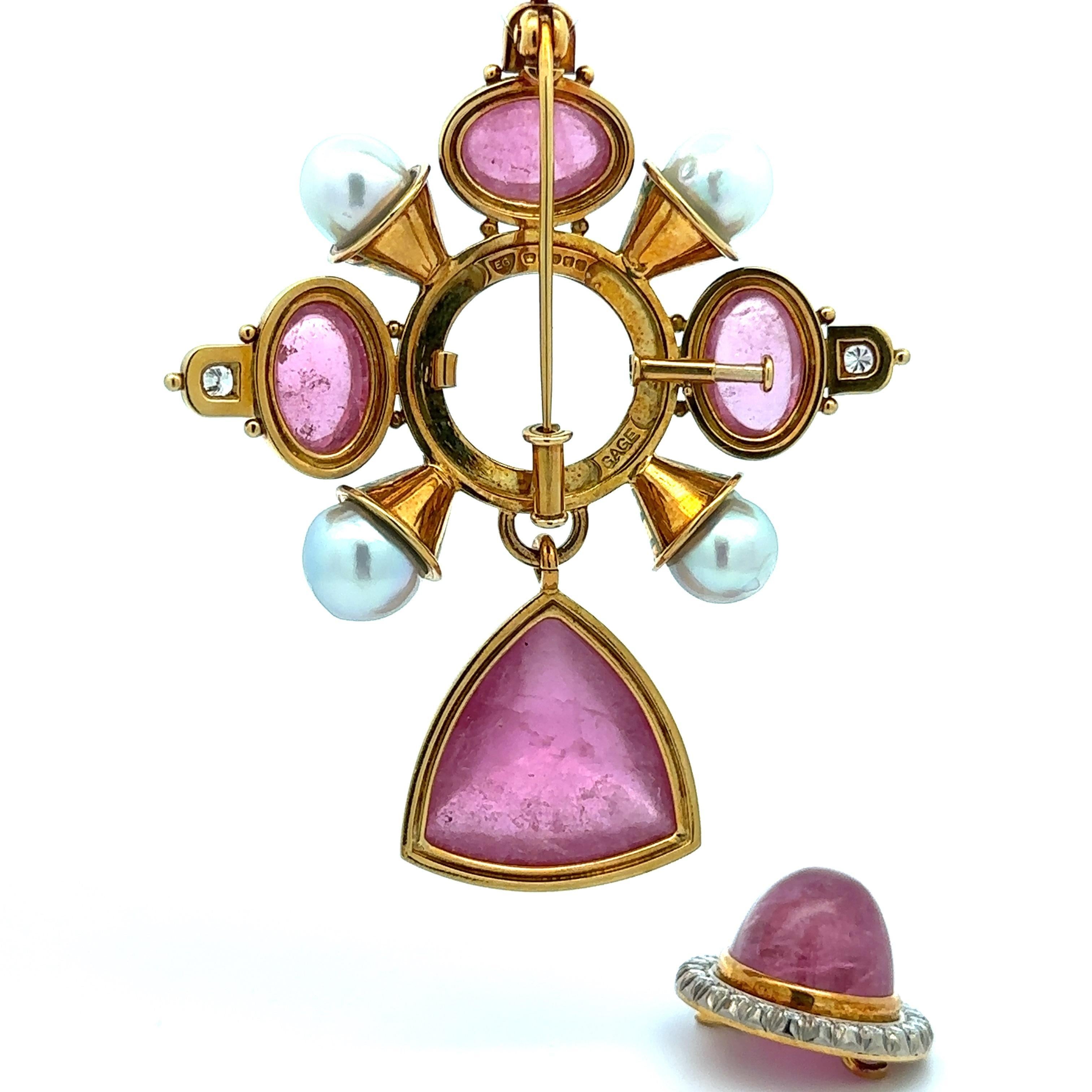 Elizabeth Gage 18k Gold Tourmaline & Ancient Coin Pearl Diamond Dangle Brooch For Sale 2