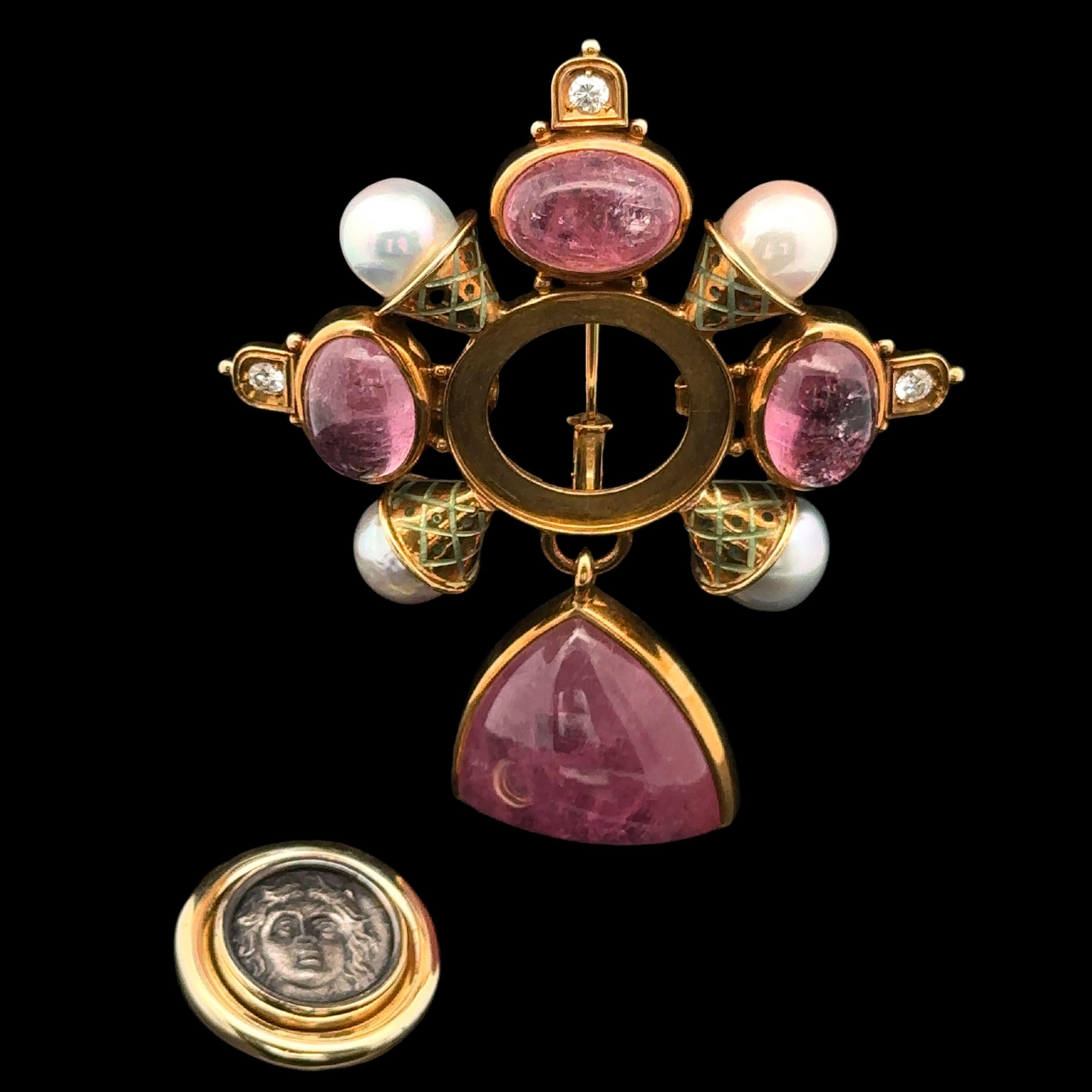 Women's or Men's Elizabeth Gage 18k Gold Tourmaline & Ancient Coin Pearl Diamond Dangle Brooch For Sale