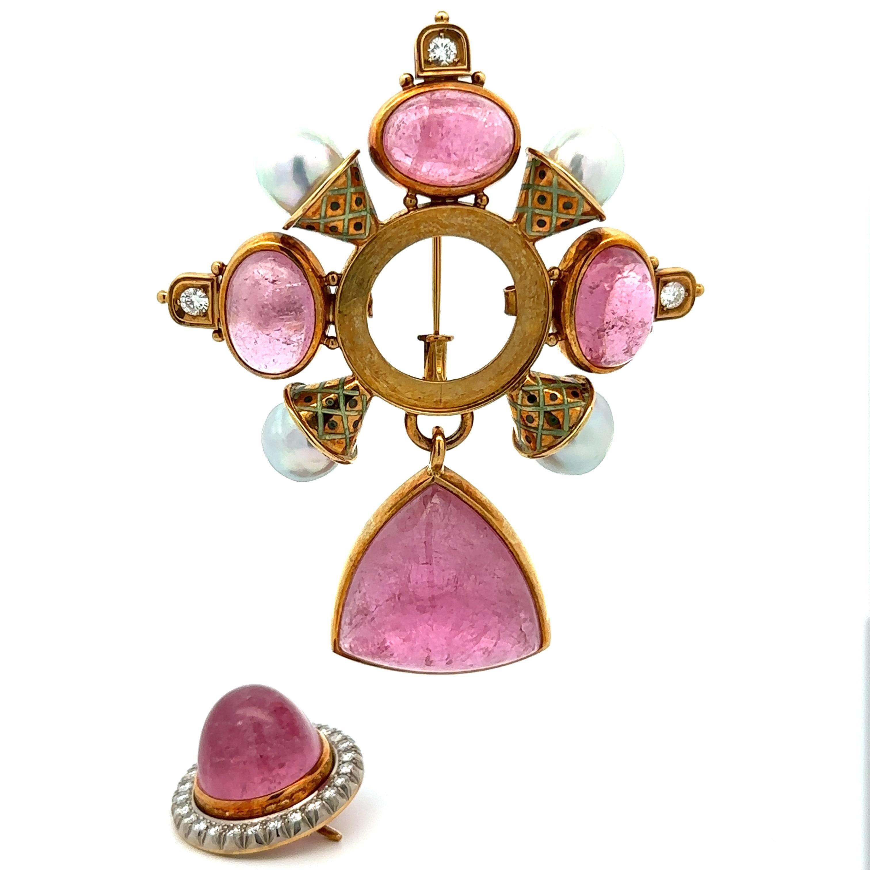 Elizabeth Gage 18k Gold Tourmaline & Ancient Coin Pearl Diamond Dangle Brooch For Sale 4