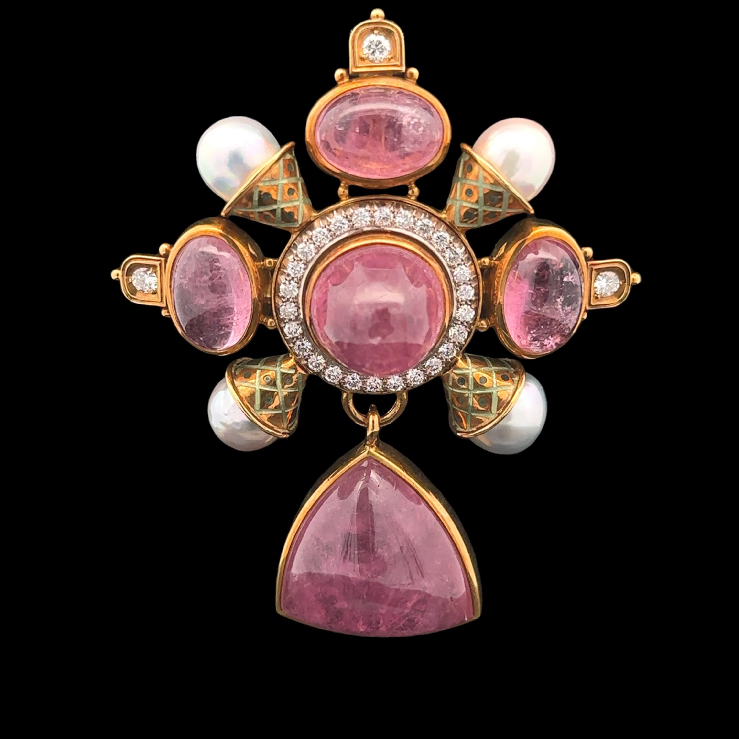 Elizabeth Gage 18k Gold Tourmaline & Ancient Coin Pearl Diamond Dangle Brooch For Sale 5