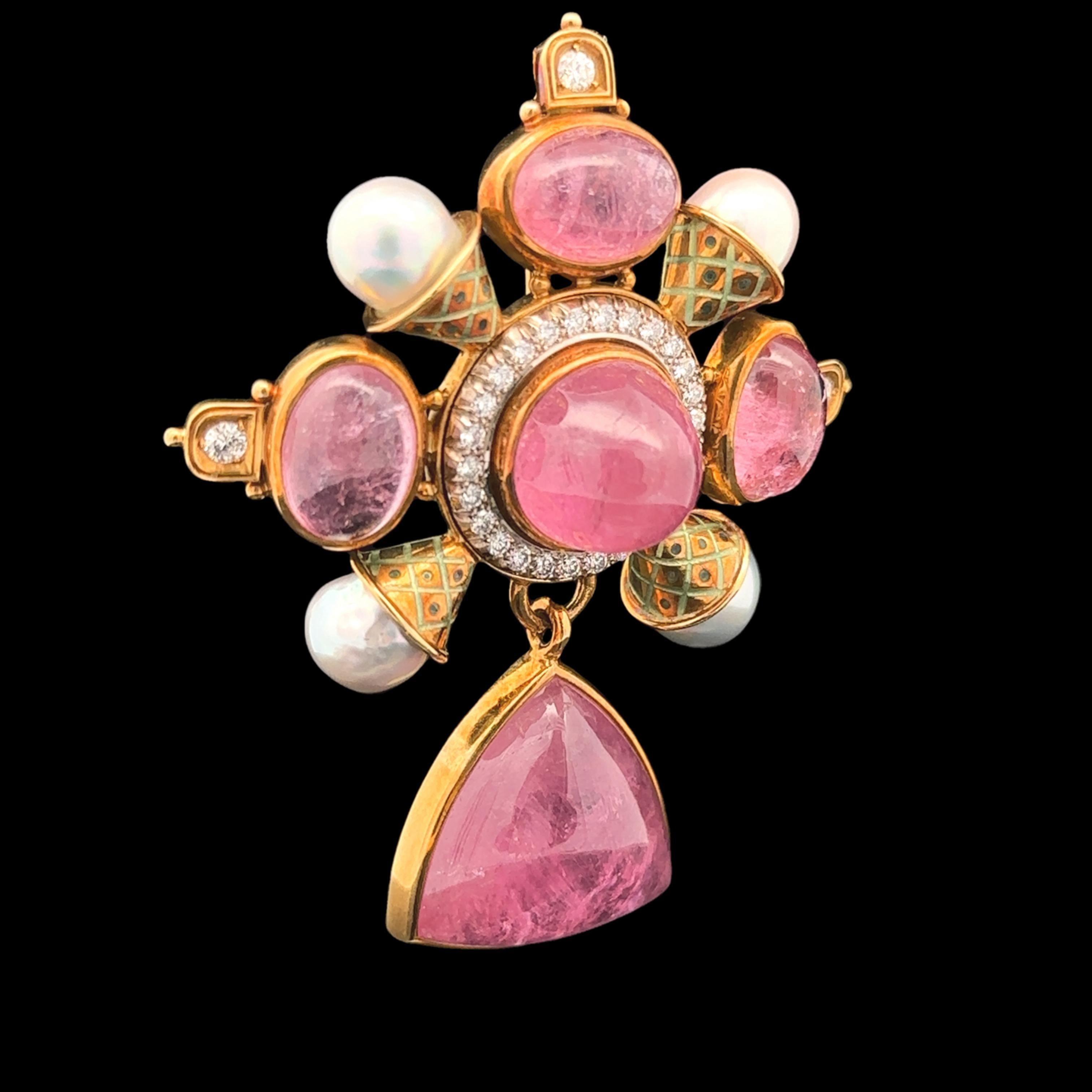 Elizabeth Gage 18k Gold Tourmaline & Ancient Coin Pearl Diamond Dangle Brooch For Sale 6