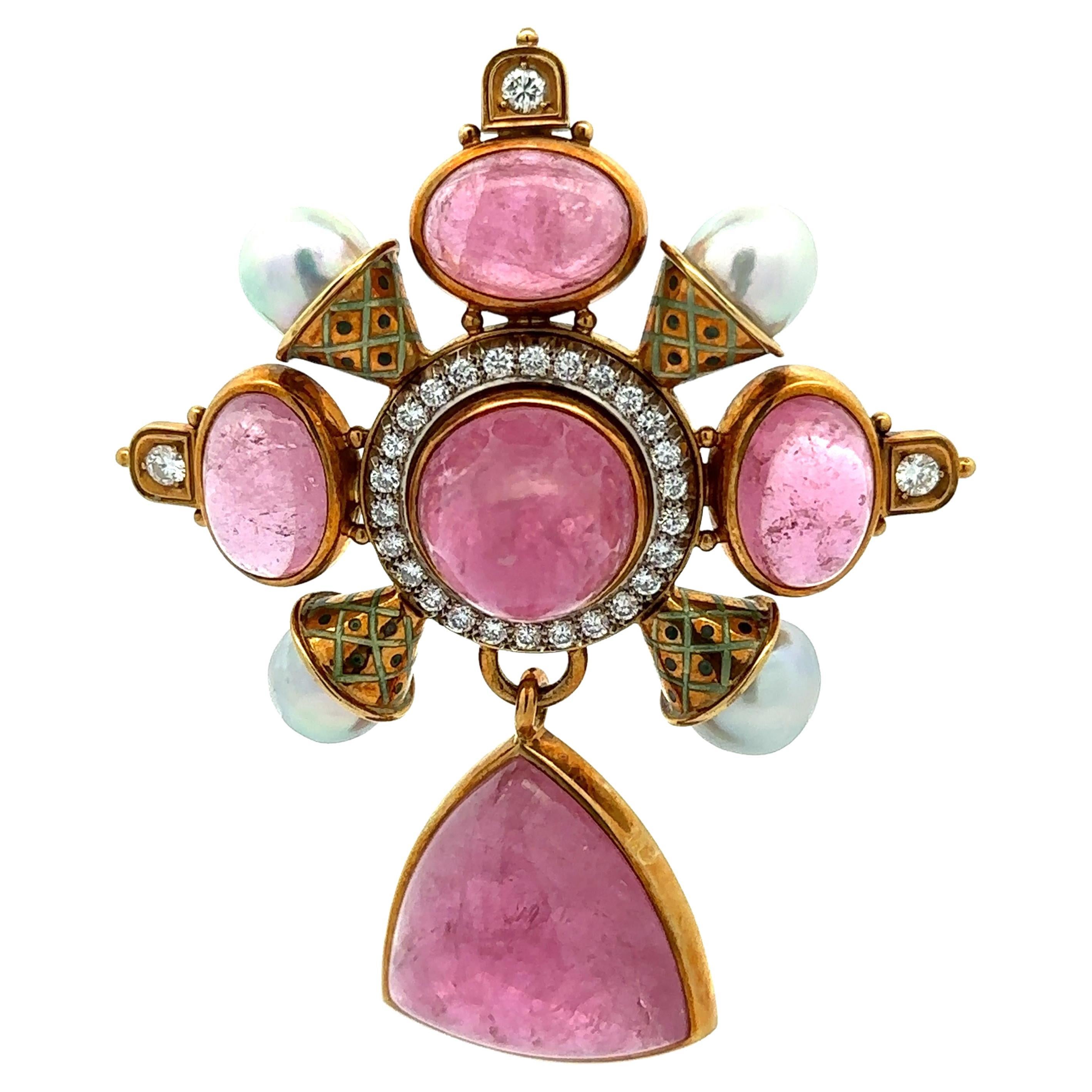 Elizabeth Gage 18k Gold Tourmaline & Ancient Coin Pearl Diamond Dangle Brooch For Sale