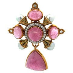 Elizabeth Gage 18k Gold Tourmaline & Ancient Coin Pearl Diamond Dangle Brooch