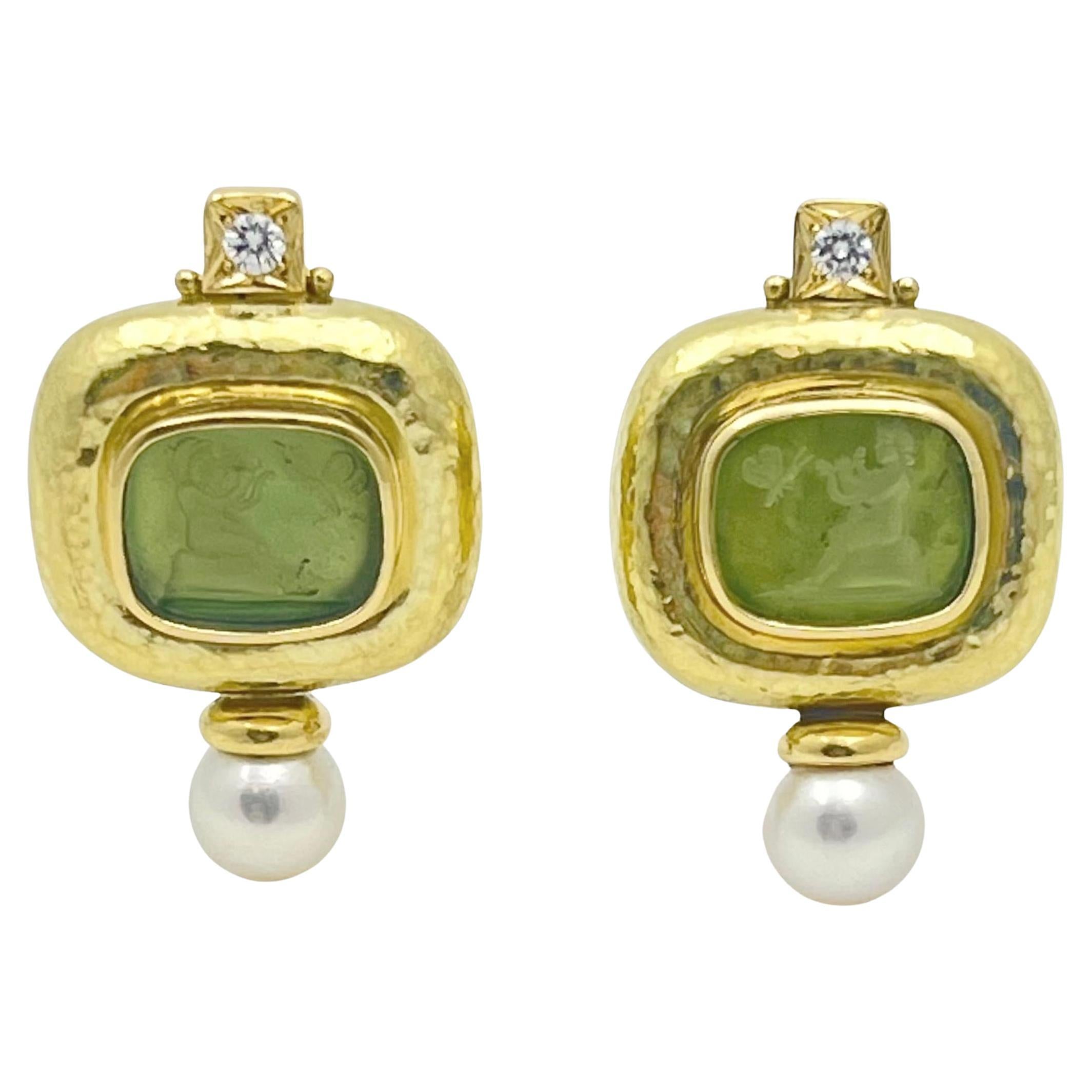 Pendientes Elizabeth Gage Valois de oro de 18 quilates con cristal veneciano calado con perlas y diamantes
