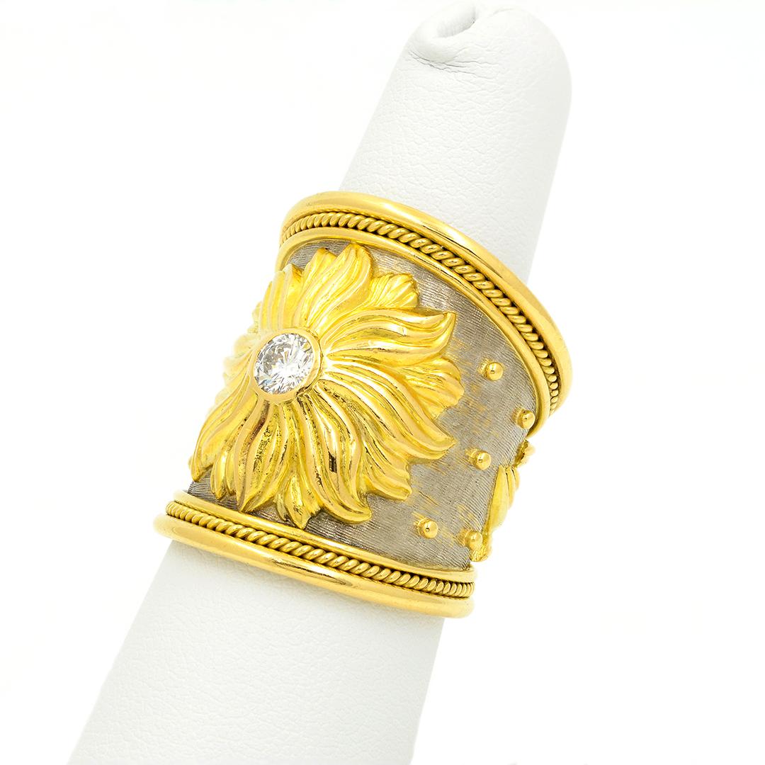 Modern Elizabeth Gage 18k White & Yellow Gold Sun Motif Ring