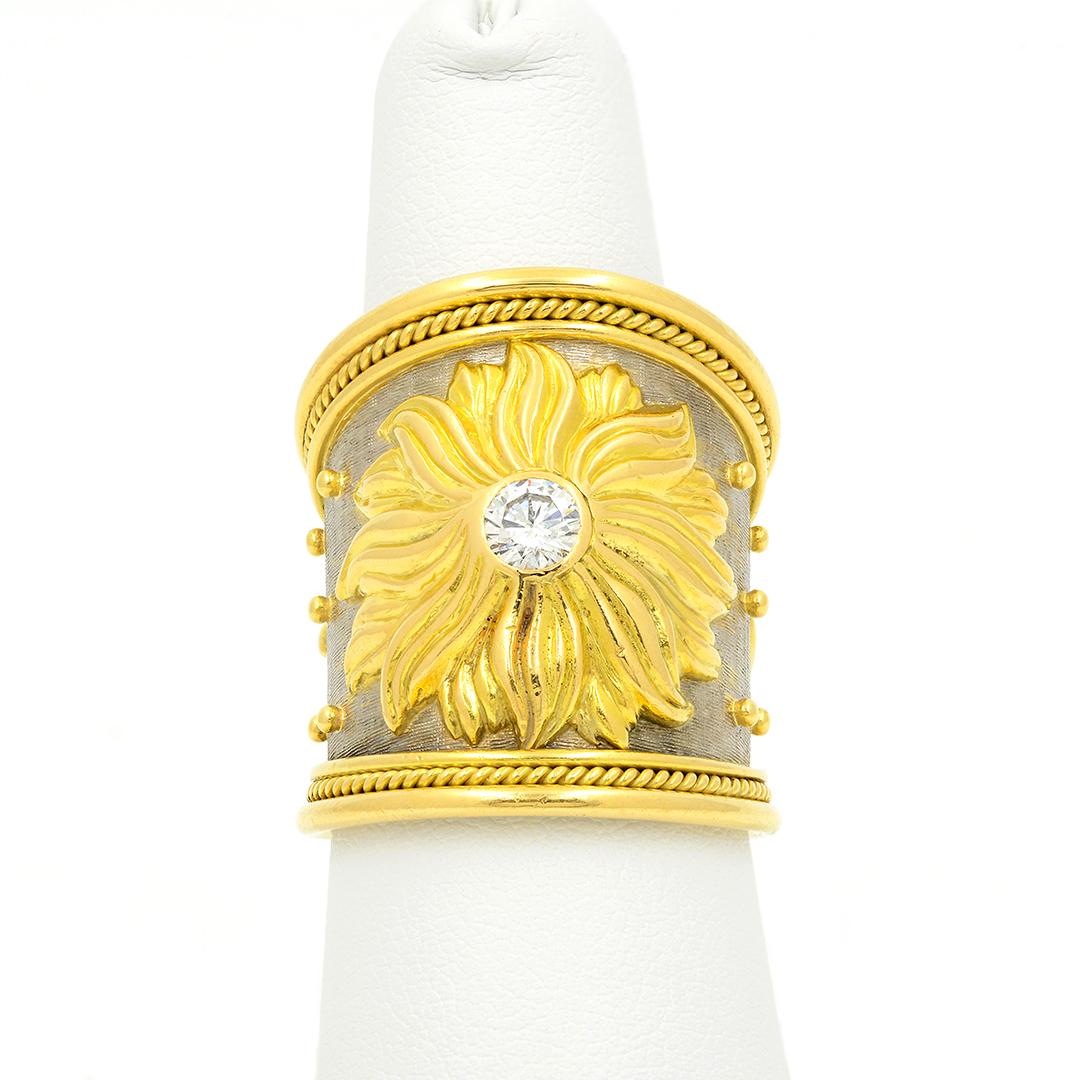 Elizabeth Gage 18k White & Yellow Gold Sun Motif Ring In Good Condition In Dallas, TX