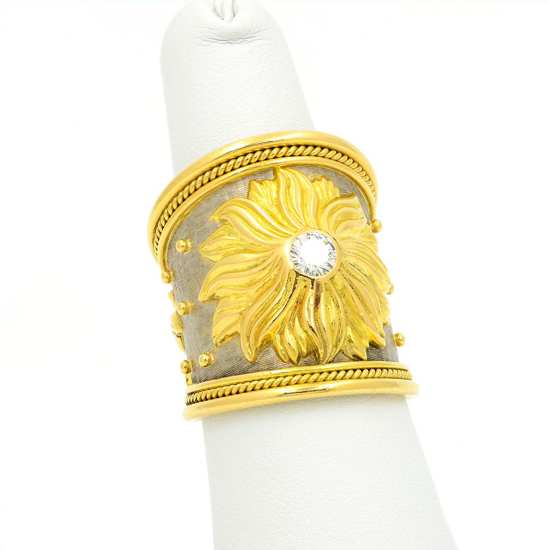 Women's or Men's Elizabeth Gage 18k White & Yellow Gold Sun Motif Ring