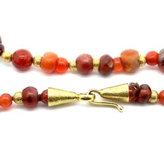 Elizabeth Gage 18k Yellow Gold & Agate Bead Necklace w/ Carved Intaglio Pendant