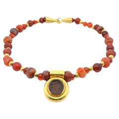 Elizabeth Gage 18k Yellow Gold & Agate Bead Necklace w/ Carved Intaglio Pendant