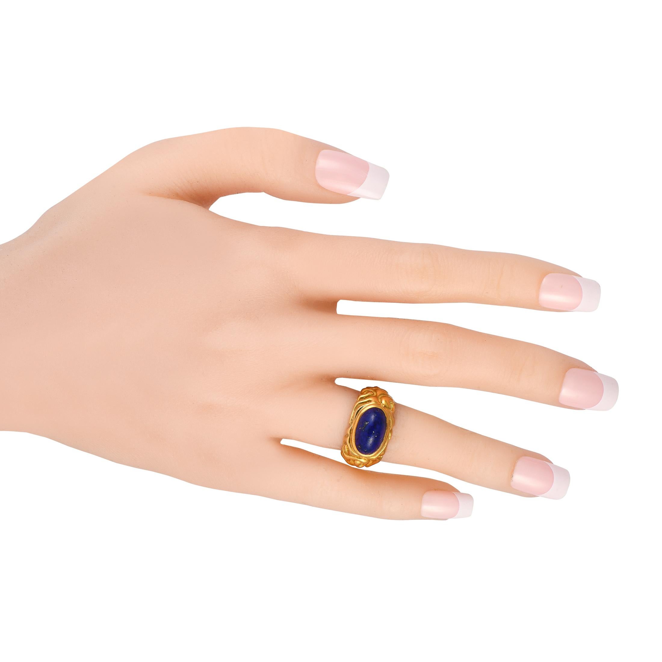 Oval Cut Elizabeth Gage 18K Yellow Gold Lapis Lazuli Carved Ring