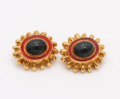 Elizabeth Gage 1989 London Enameled Egyptian Clips Earrings 18Kt Gold With Jade