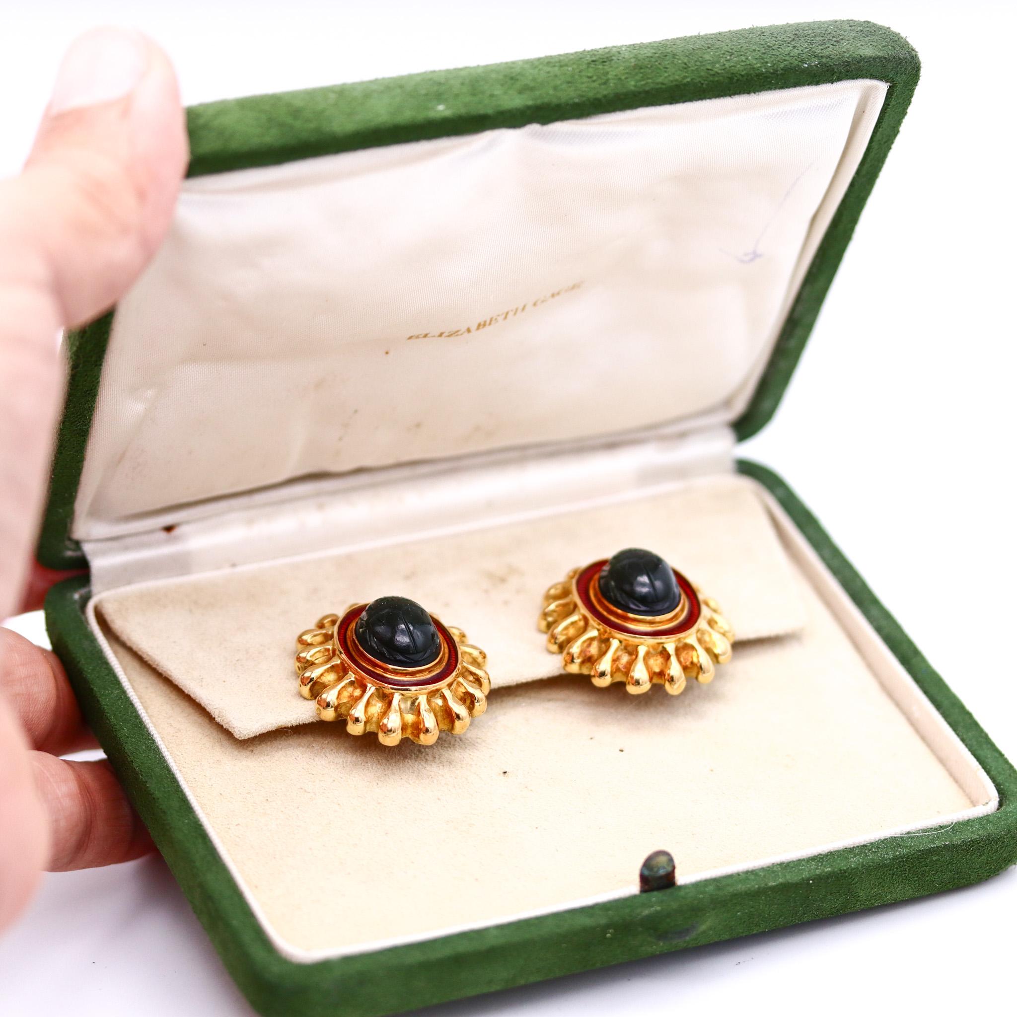 Women's Elizabeth Gage 1989 London Enameled Egyptian Clips Earrings 18Kt Gold With Jade For Sale