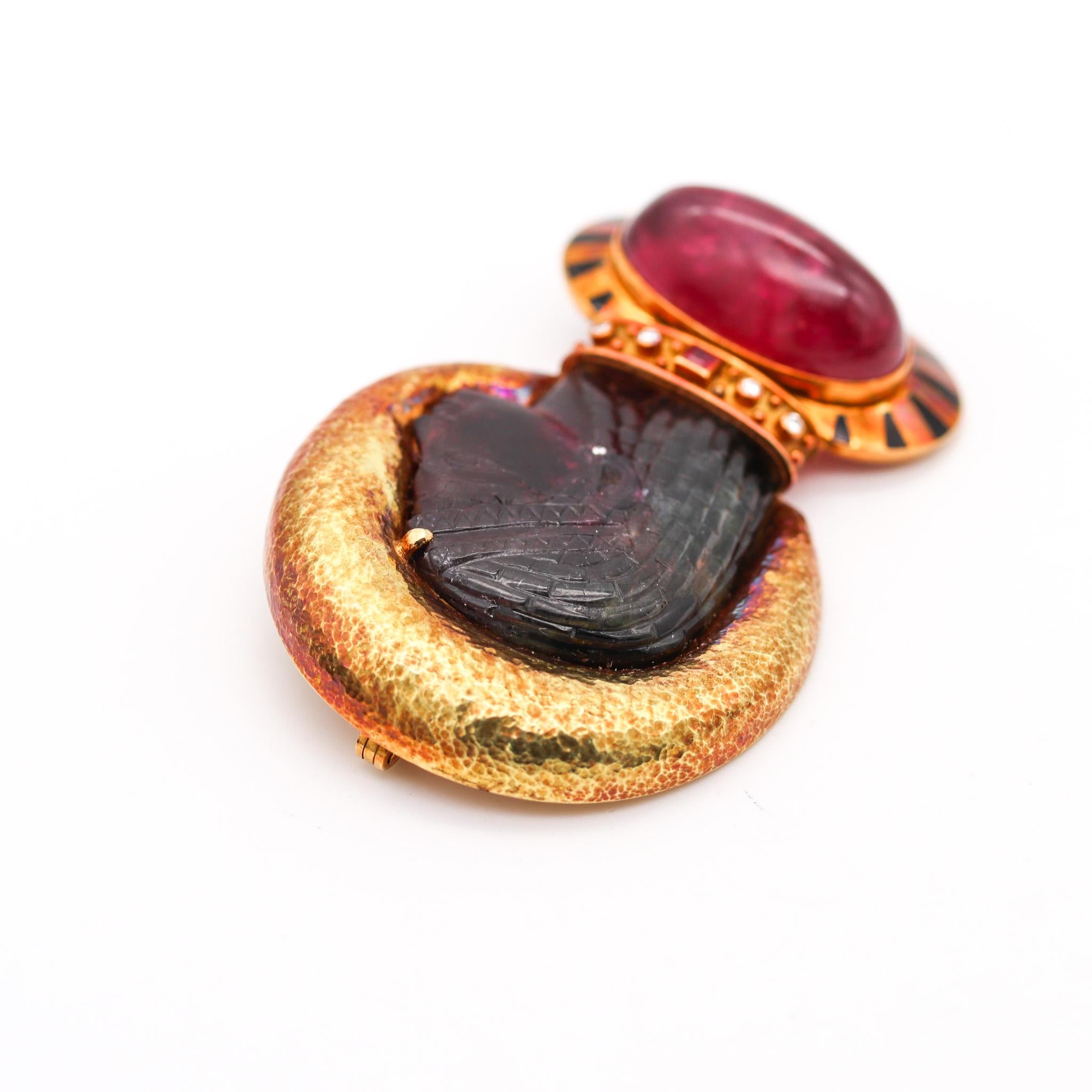 Egyptian Revival Elizabeth Gage 1990 London Enameled Pendant Brooch In 18Kt Gold With Tourmalines For Sale