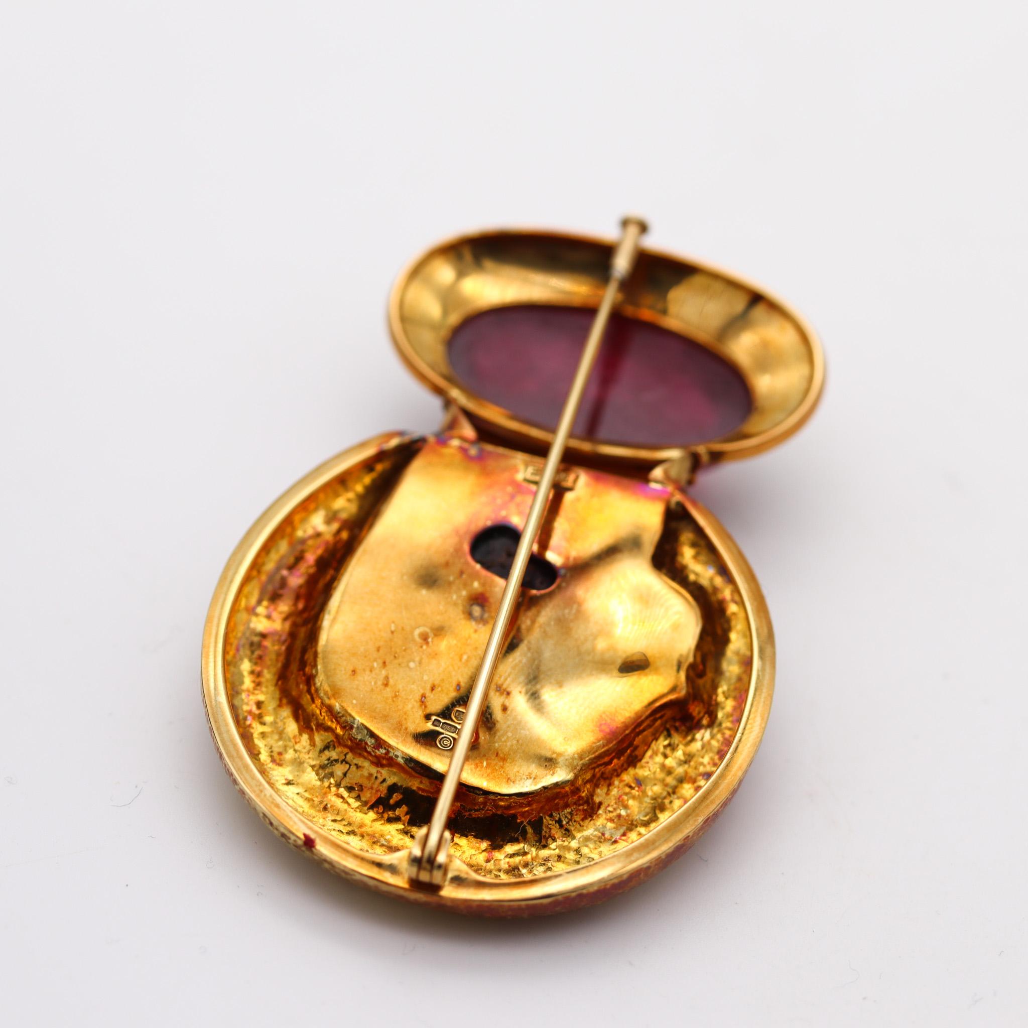 Cabochon Elizabeth Gage 1990 London Enameled Pendant Brooch In 18Kt Gold With Tourmalines For Sale