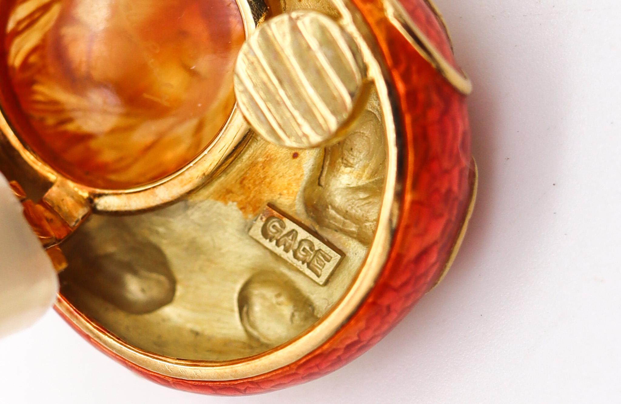 Elizabeth Gage 1993 London Emaillierte Löwen Clips Ohrringe 18Kt Gold mit Zitrinen im Zustand „Hervorragend“ im Angebot in Miami, FL