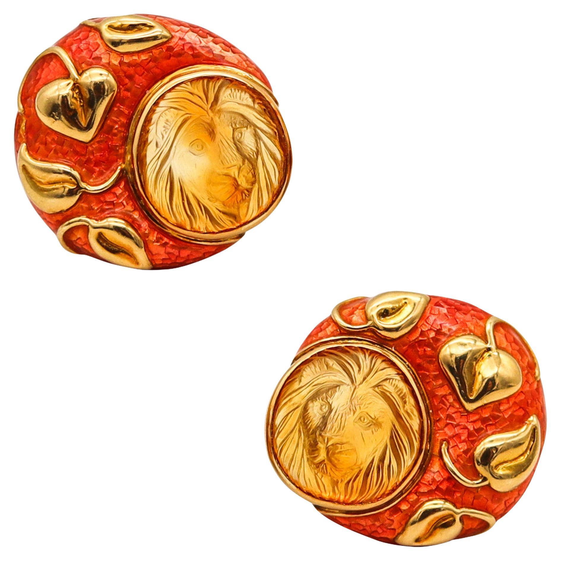 Elizabeth Gage 1993 London Enameled Lions Clips Earrings 18Kt Gold With Citrines For Sale