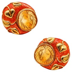Elizabeth Gage 1993 London Enameled Lions Clips Earrings 18Kt Gold With Citrines