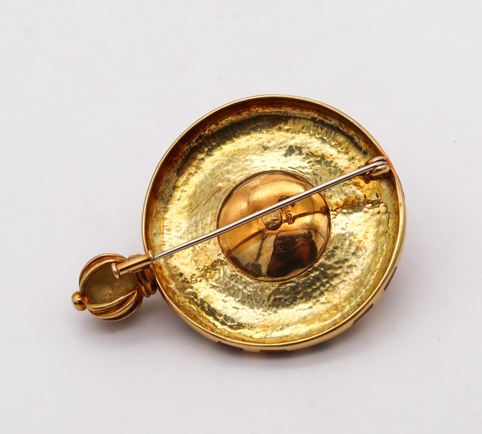 Women's Elizabeth Gage 1993 London Enameled Pendant Brooch In 18Kt Gold With Citrine For Sale