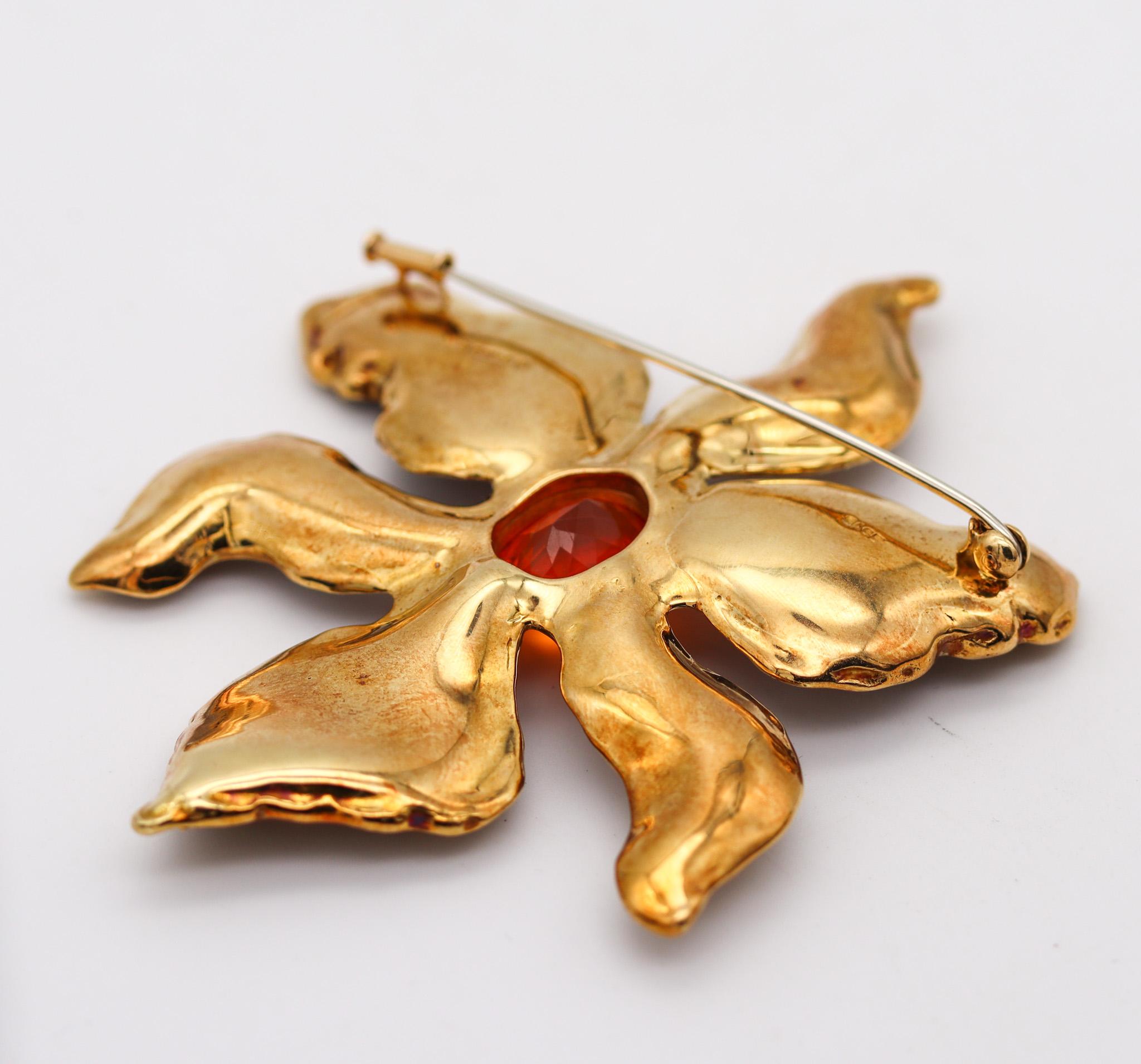 Modernist Elizabeth Gage 1994 London Orchid Agate Pendant Brooch 18Kt Gold With Fire Opal For Sale