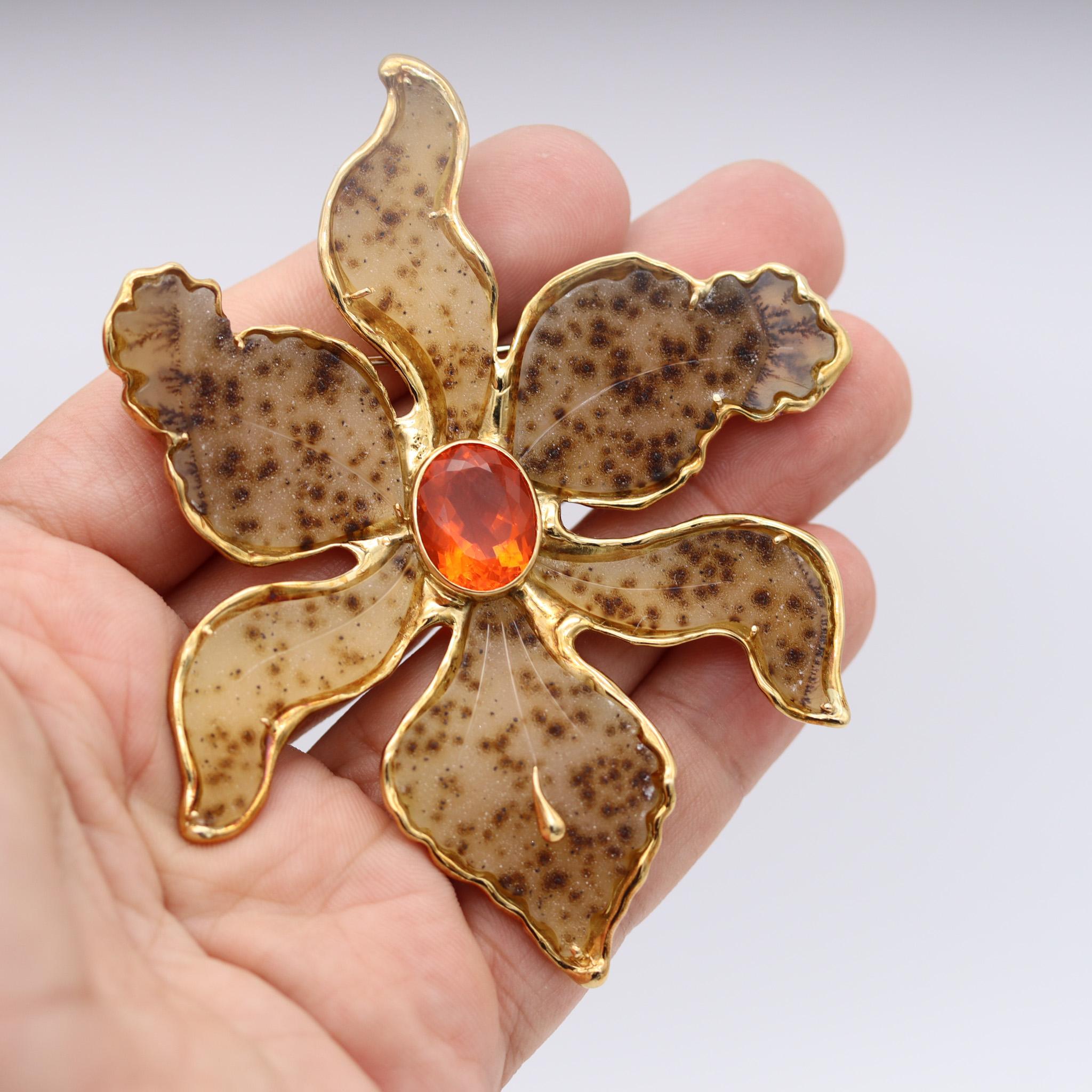 Women's Elizabeth Gage 1994 London Orchid Agate Pendant Brooch 18Kt Gold With Fire Opal For Sale