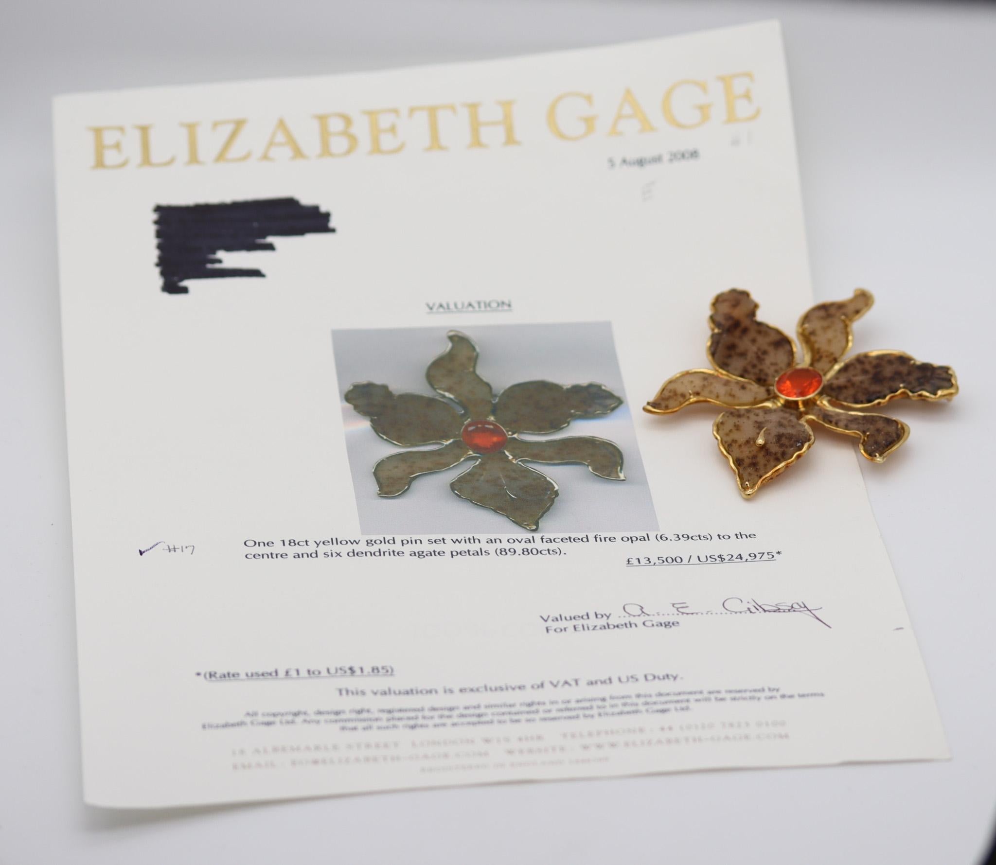 Broche pendentif Elizabeth Gage London Orchid Agate en or 18 carats avec opale de feu 1994 en vente 1