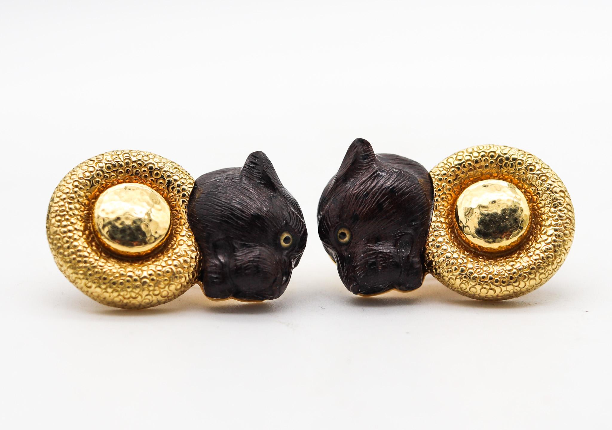 Etruscan Revival Elizabeth Gage 2005 London Panthers Clip On Earrings In 18Kt Yellow Gold & Wood For Sale