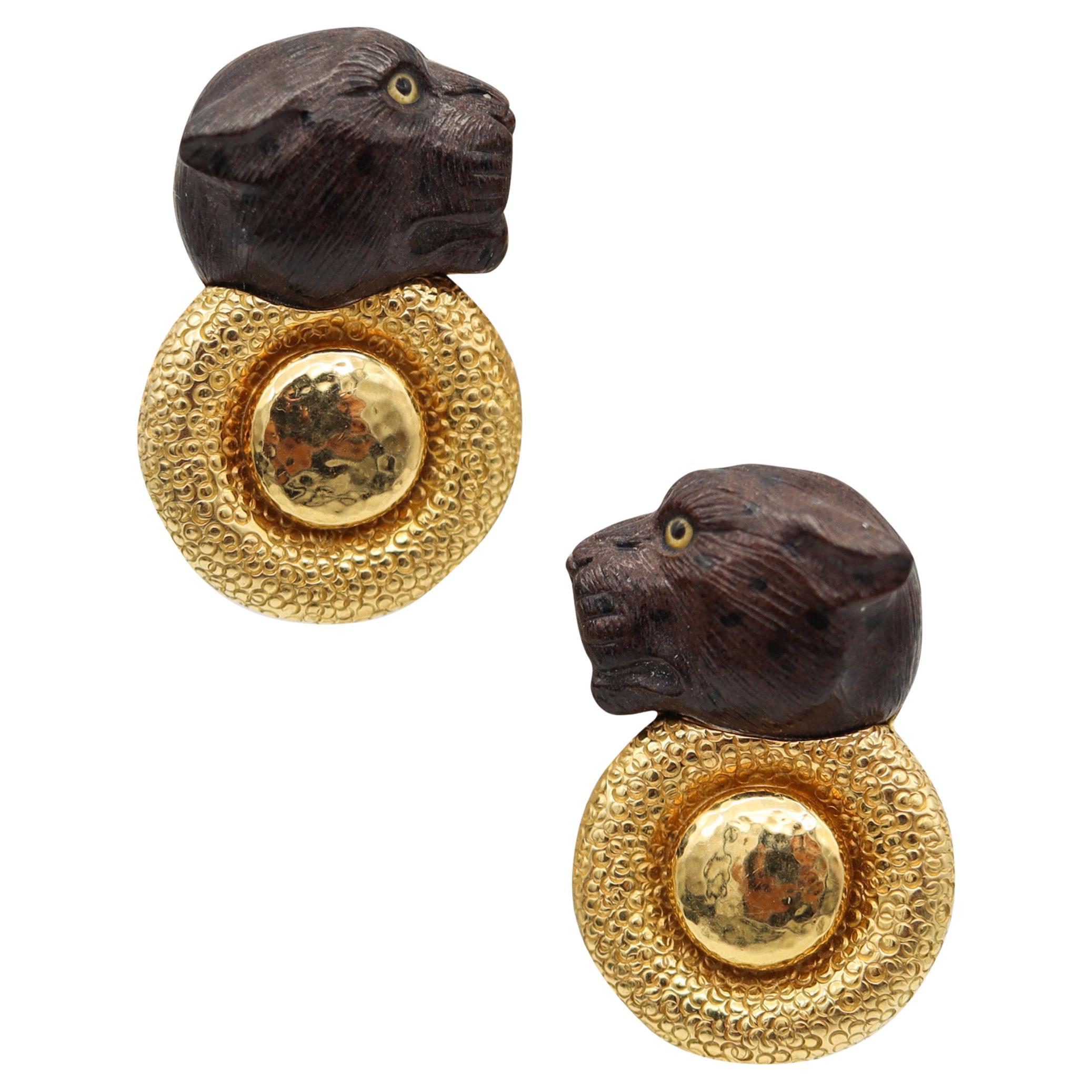 Elizabeth Gage 2005 London Panthers Clip On Earrings In 18Kt Yellow Gold & Wood For Sale