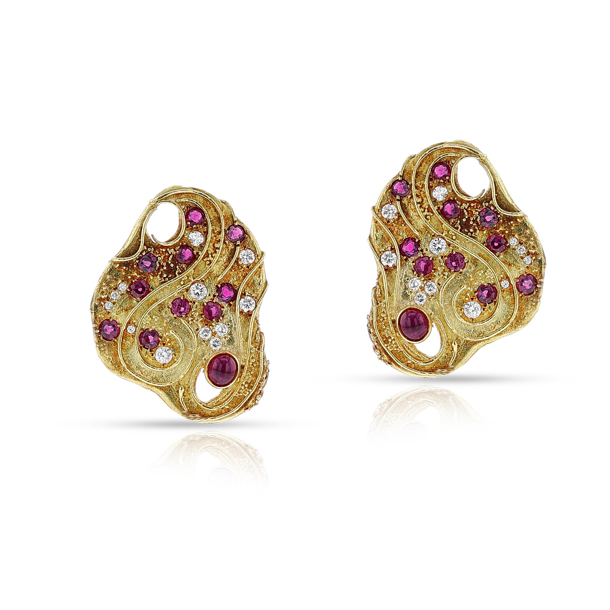 Elizabeth Gage, boucles d'oreilles abstraites en rubis et diamants, 18 carats Excellent état à New York, NY