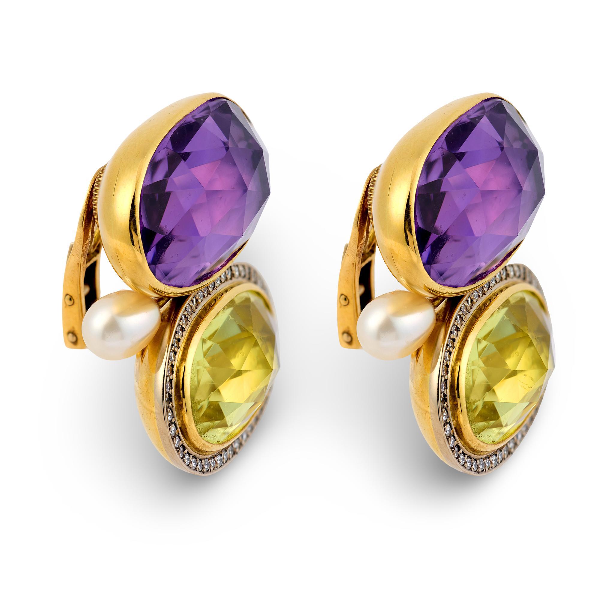 Contemporaneo Orecchini da cocktail in oro giallo 18 carati con perla citrina e ametista Elizabeth Gage in vendita