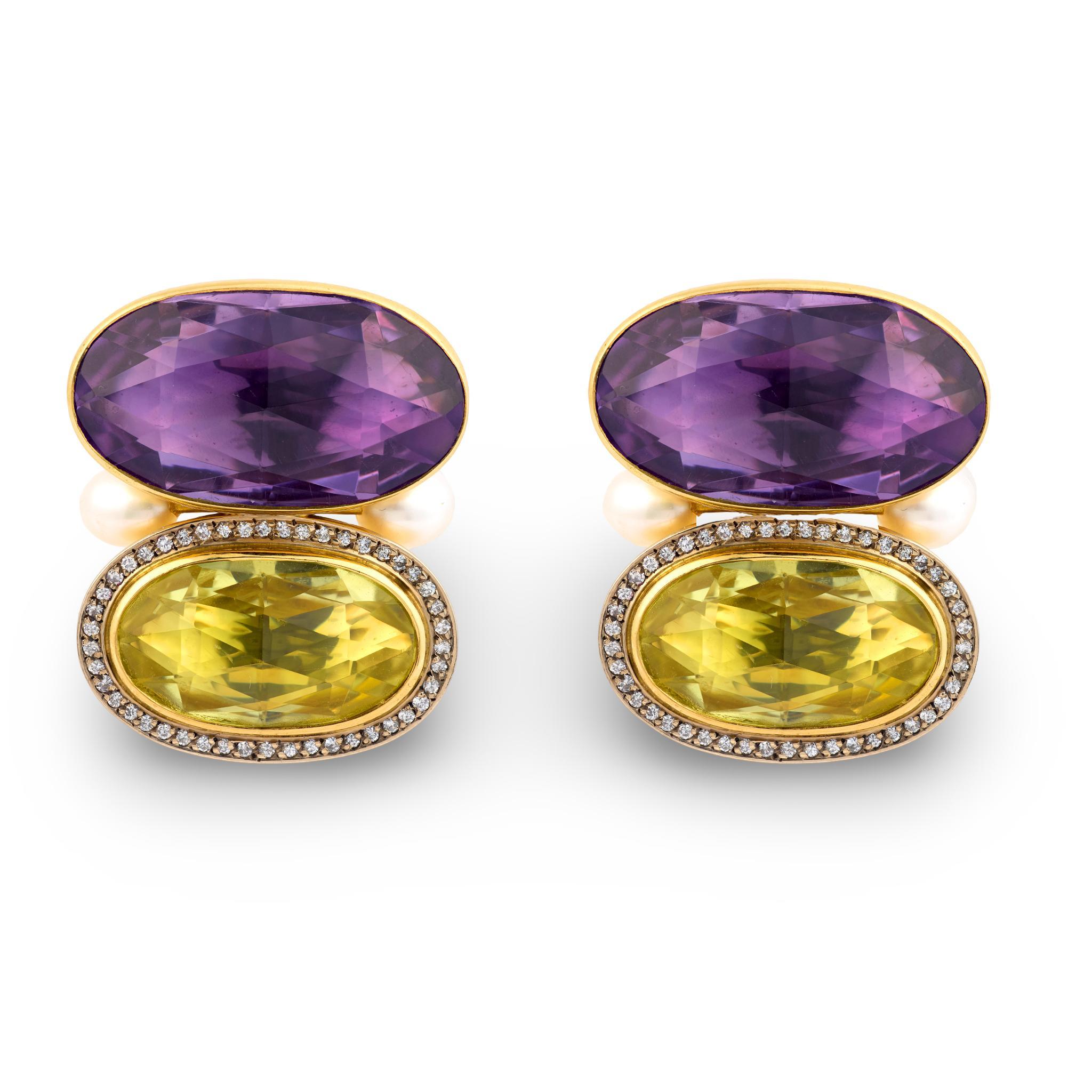 Orecchini da cocktail in oro giallo 18 carati con perla citrina e ametista Elizabeth Gage In condizioni buone in vendita a Beverly Hills, CA