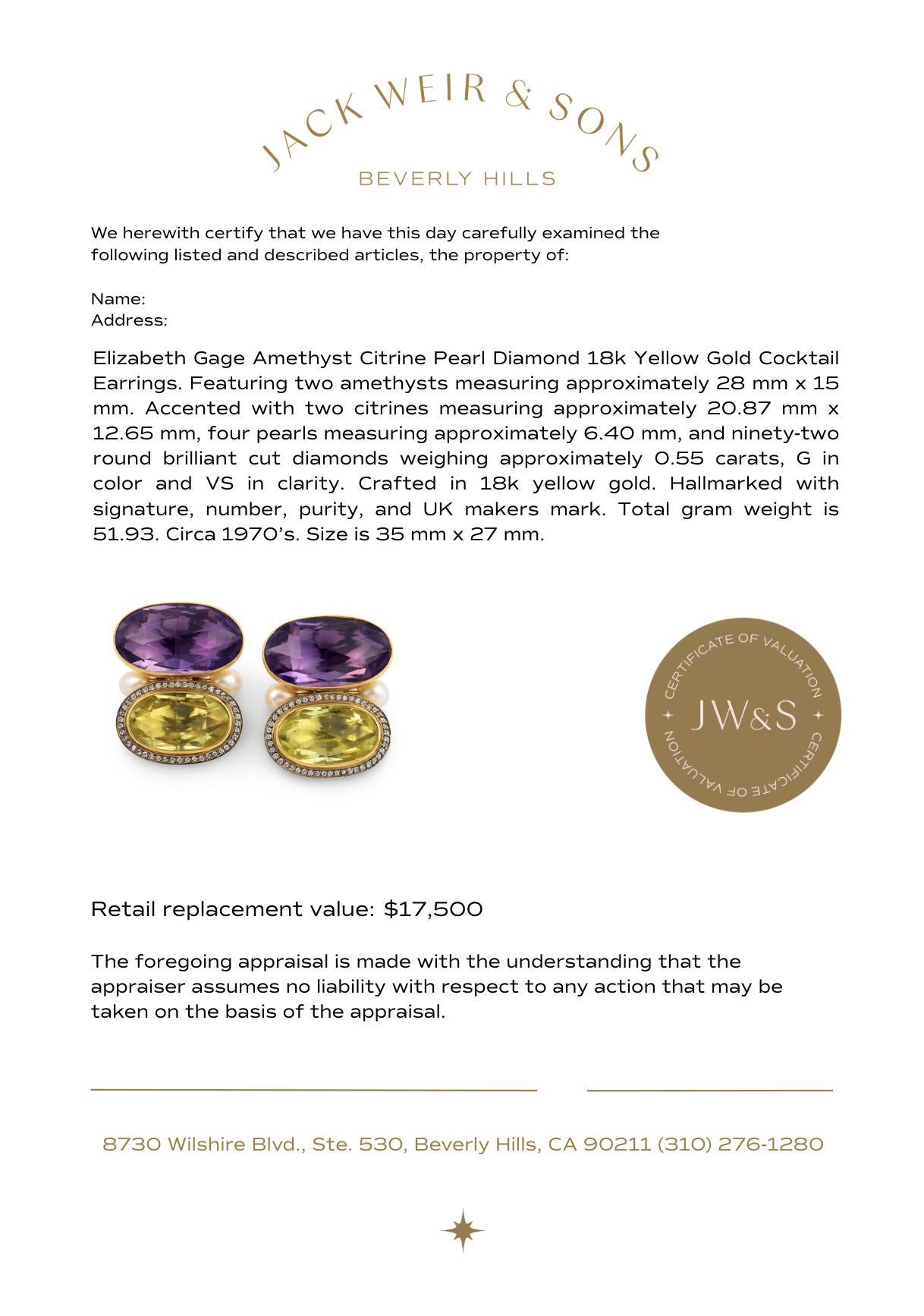 Orecchini da cocktail in oro giallo 18 carati con perla citrina e ametista Elizabeth Gage in vendita 1