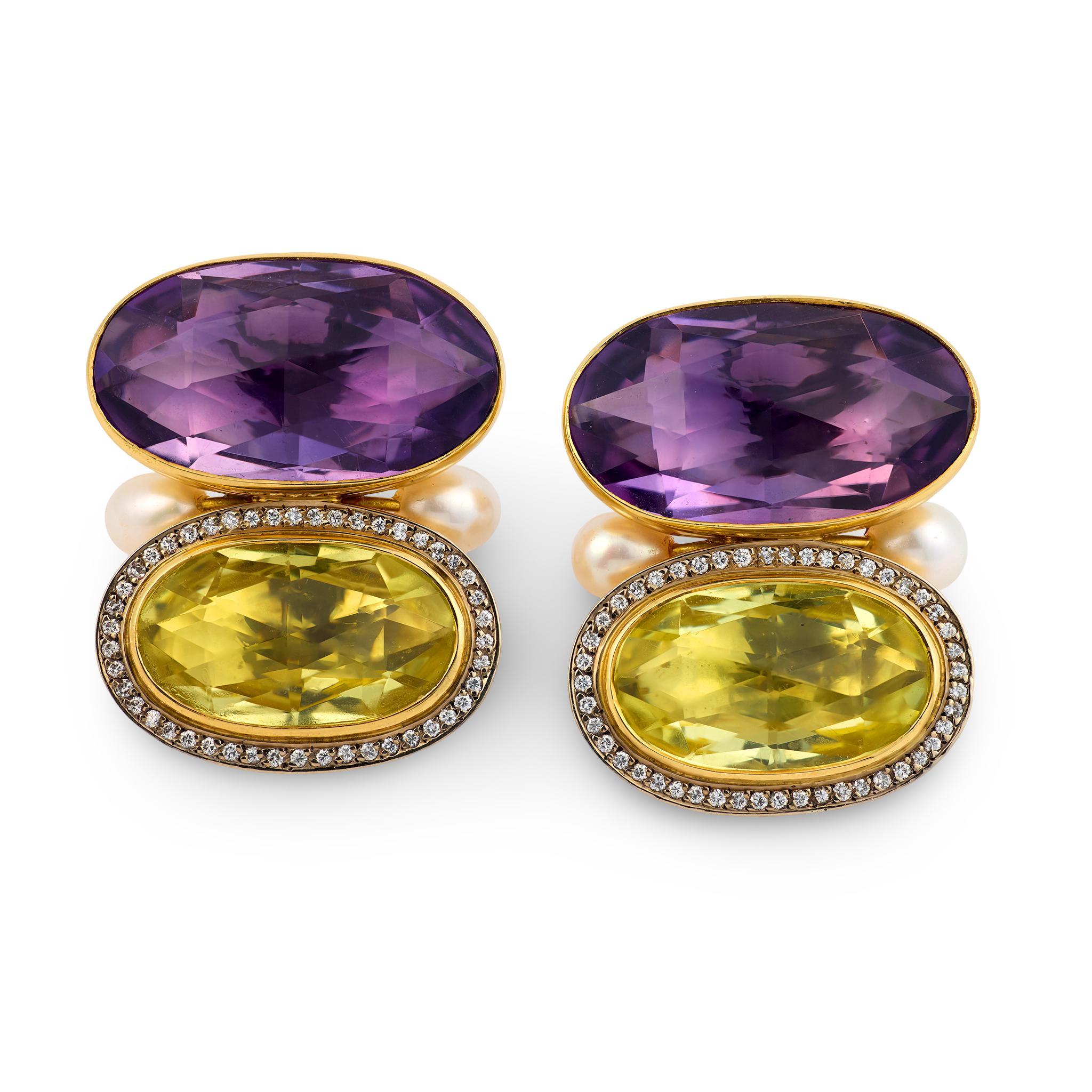 Orecchini da cocktail in oro giallo 18 carati con perla citrina e ametista Elizabeth Gage in vendita 2